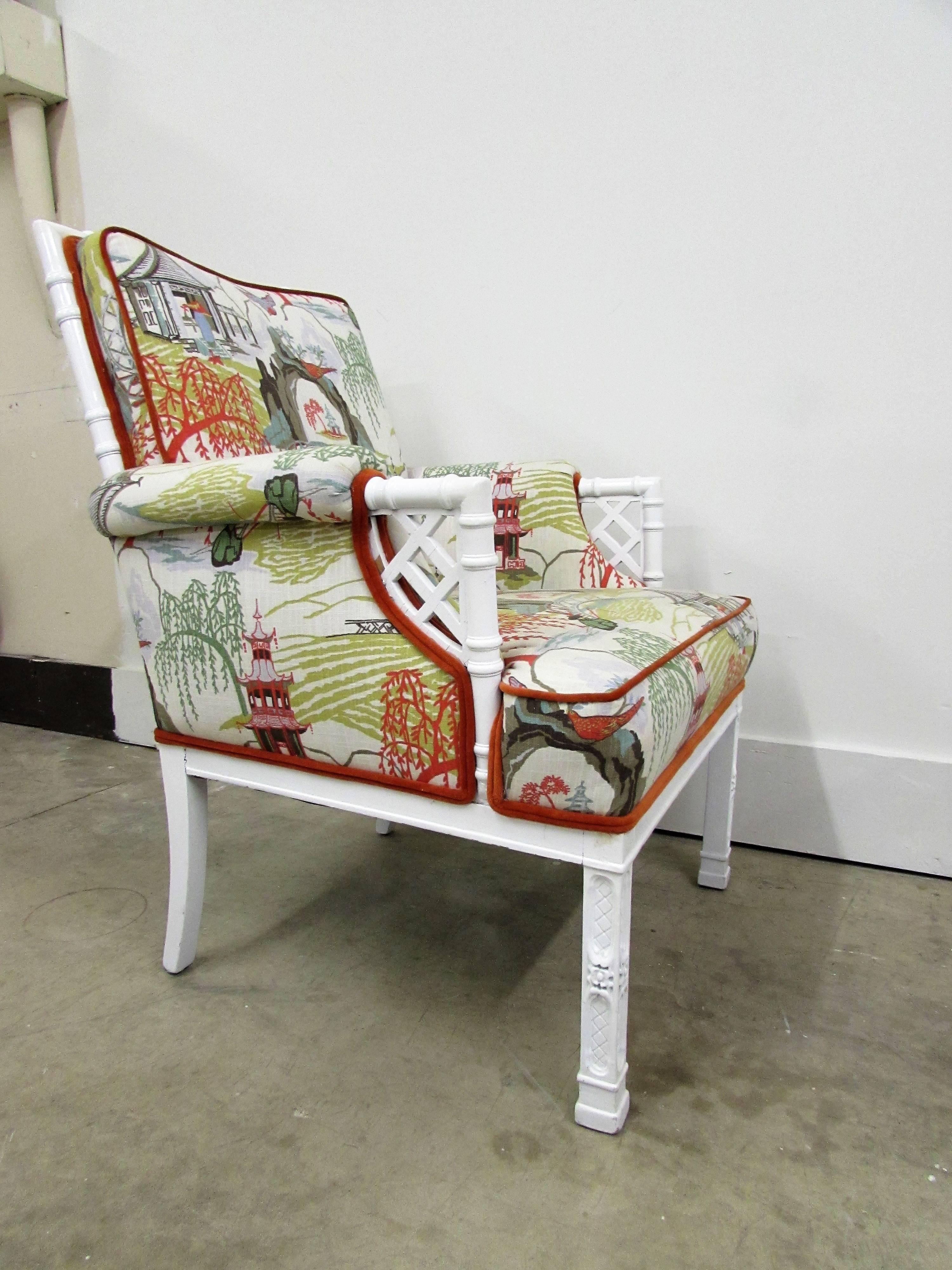 American Pair of Toile Chinoiserie and Faux Bamboo Armchairs For Sale