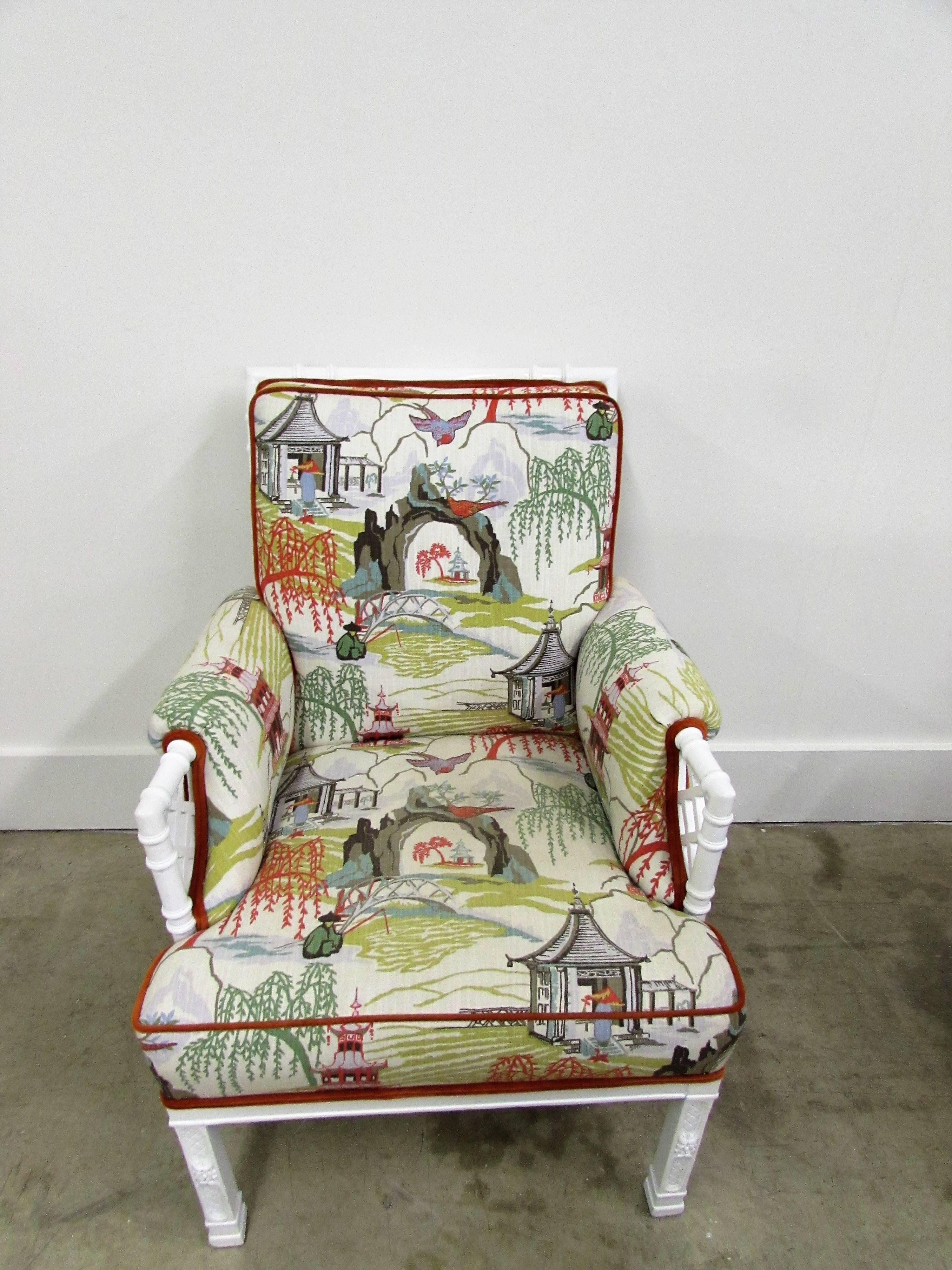 Pair of Toile Chinoiserie and Faux Bamboo Armchairs For Sale 1