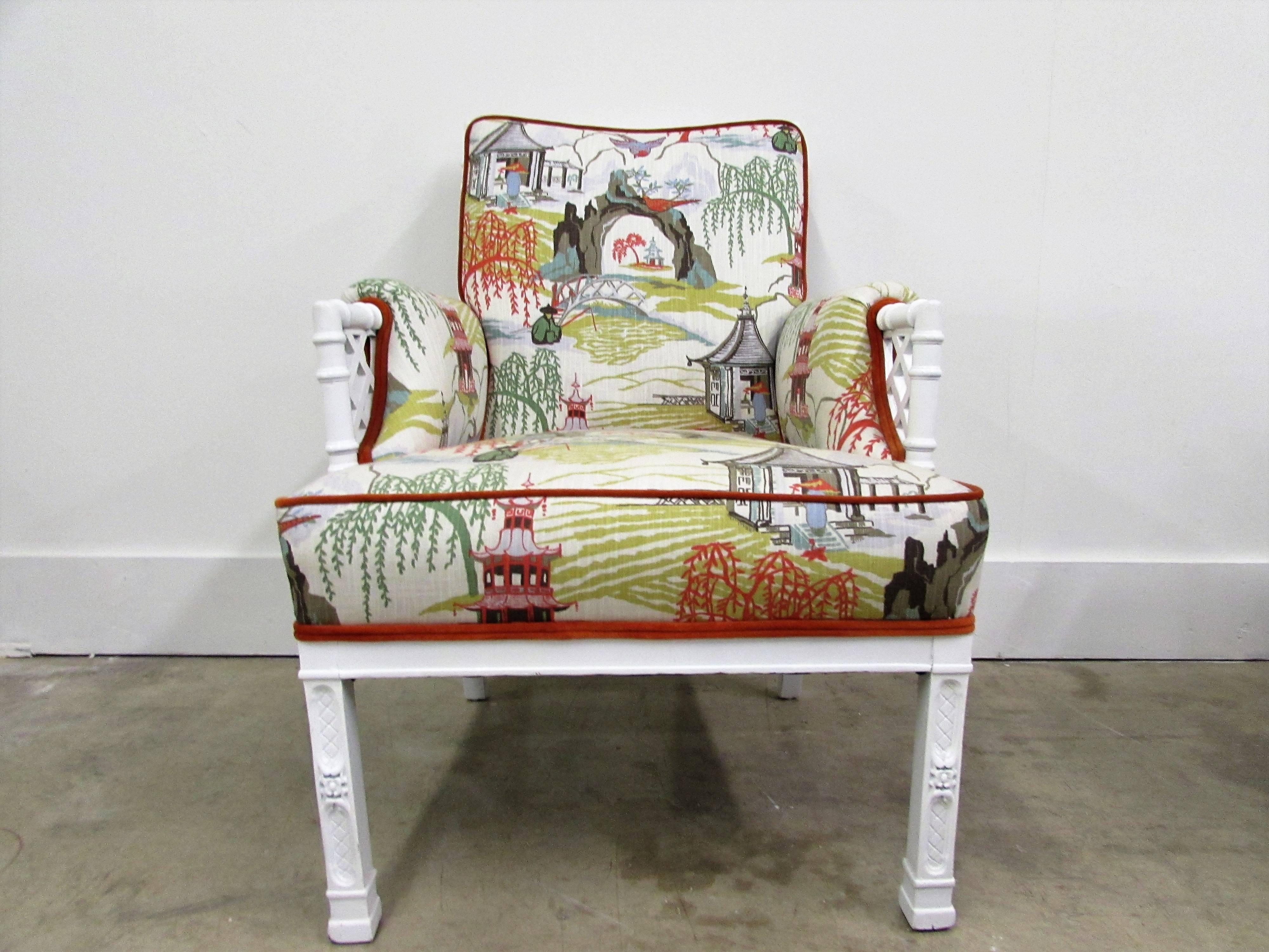 Pair of Toile Chinoiserie and Faux Bamboo Armchairs For Sale 2