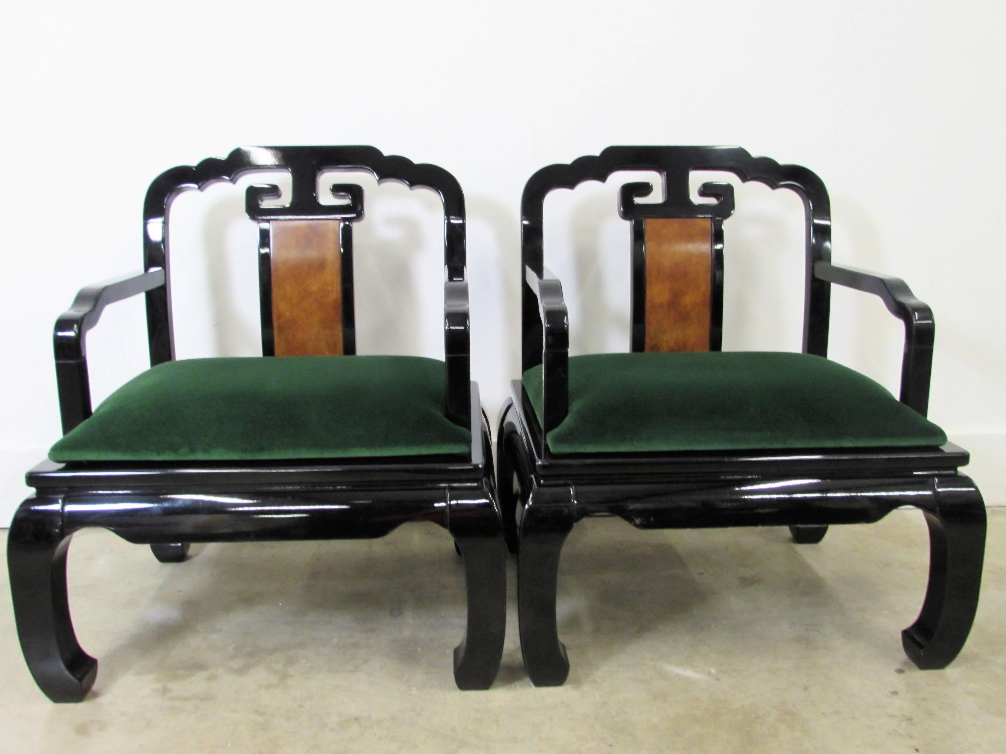 Pair of James Mont black lacquered Asian inspired armchairs with Ming style legs and back splat in burl wood inlay and seats are in a green mohair fabric. Measures: Seat height 18