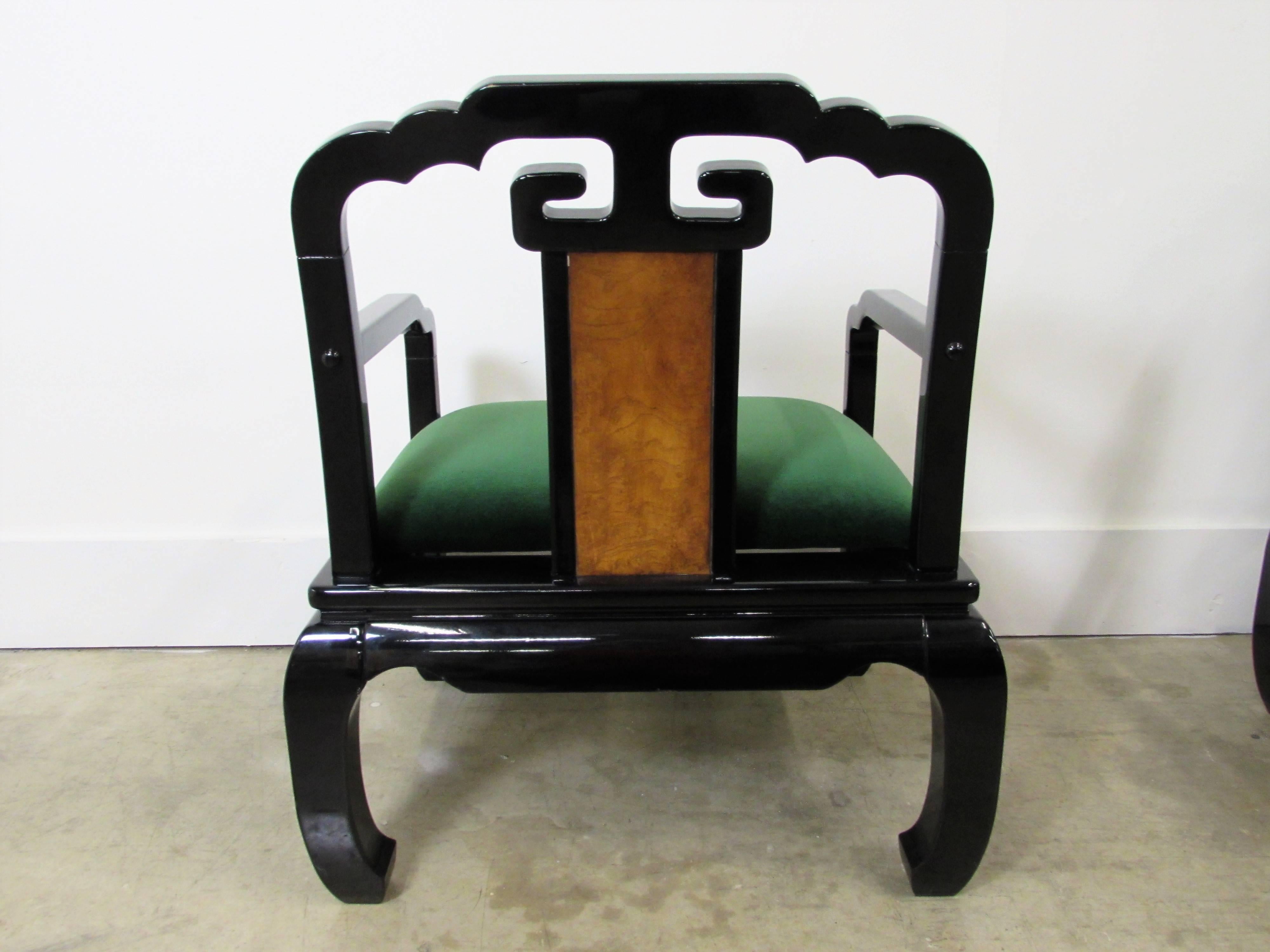 American James Mont Asian Inspired Armchairs in Black Lacquer, Pair For Sale