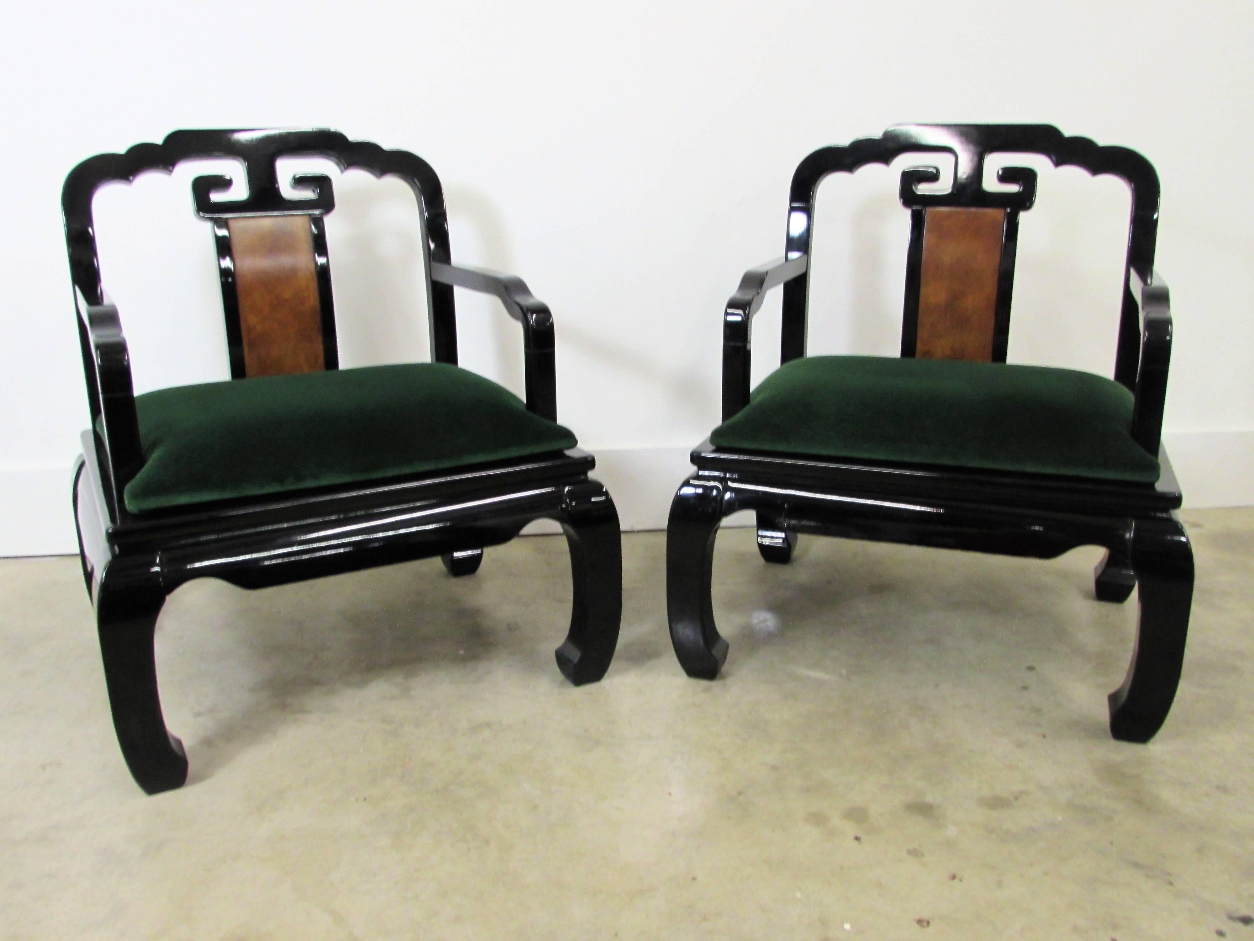 Lacquered James Mont Asian Inspired Armchairs in Black Lacquer, Pair For Sale