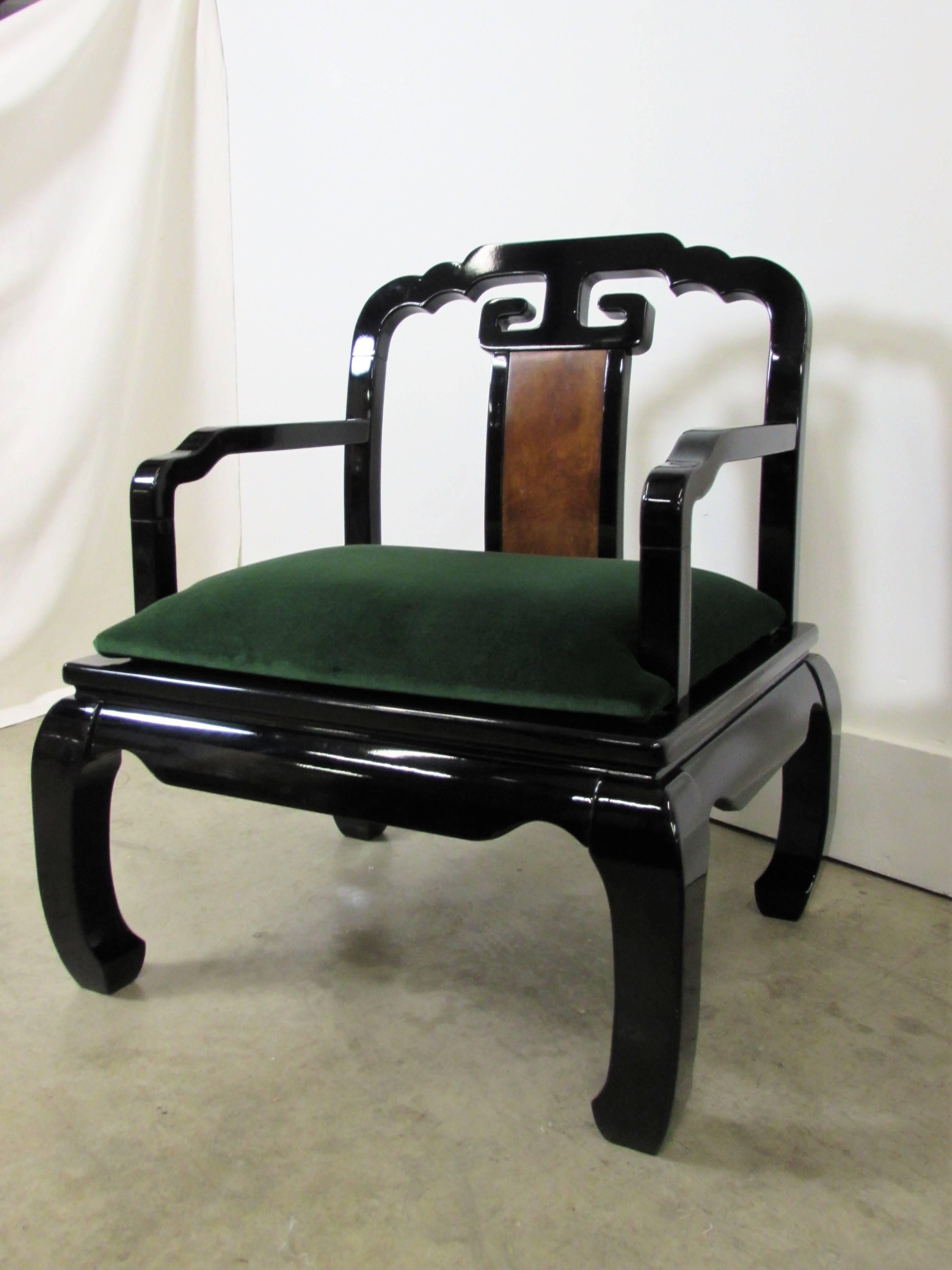 James Mont Asian Inspired Armchairs in Black Lacquer, Pair In Excellent Condition For Sale In Raleigh, NC
