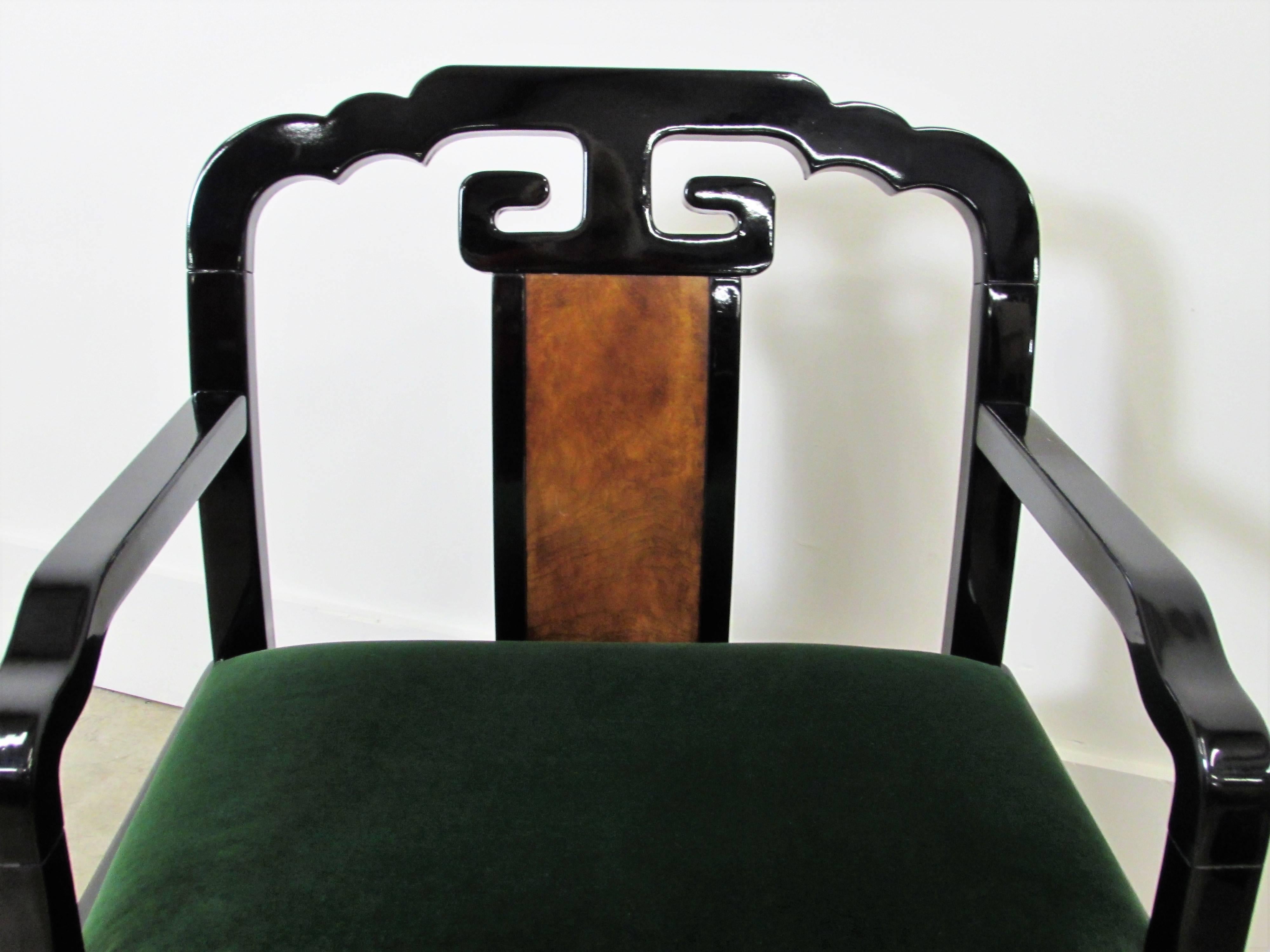 20th Century James Mont Asian Inspired Armchairs in Black Lacquer, Pair For Sale