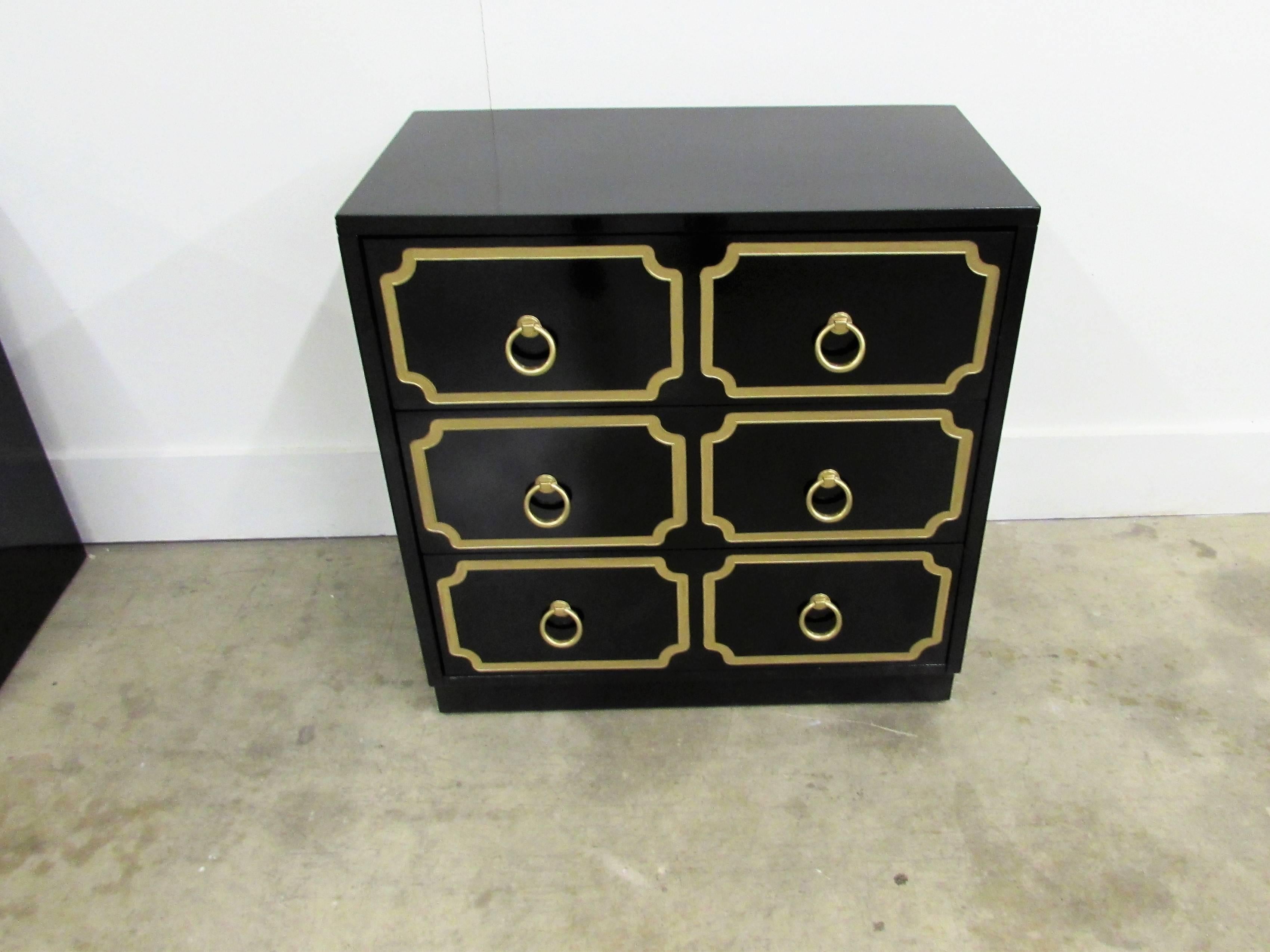 Vintage three-drawer chest in the manner of Dorothy Draper España Collection for Heritage with gilded incised framing around ring pulls.