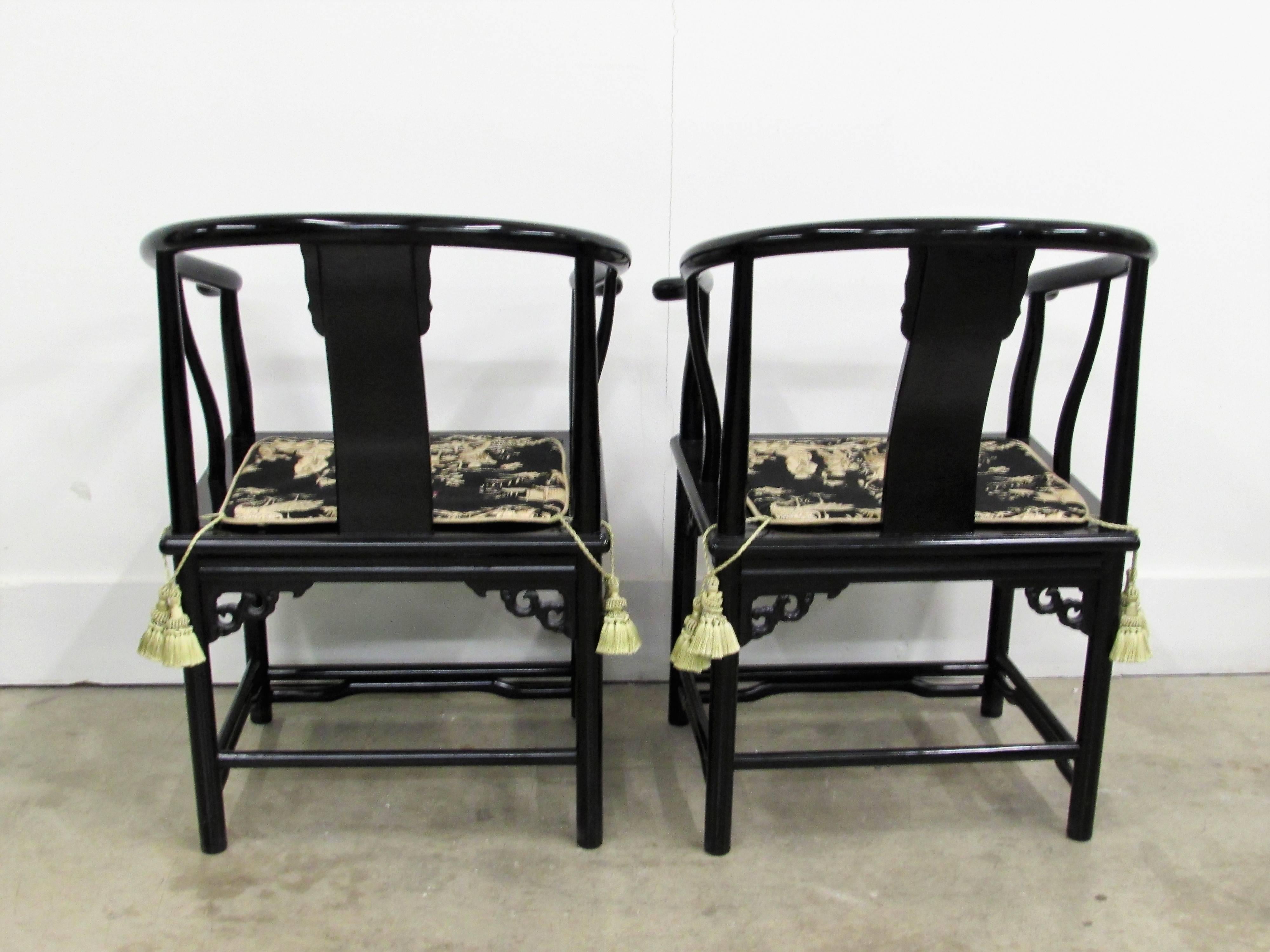 Lacquered Black Lacquer Asian Horseshoe Arm Chairs, Pair For Sale
