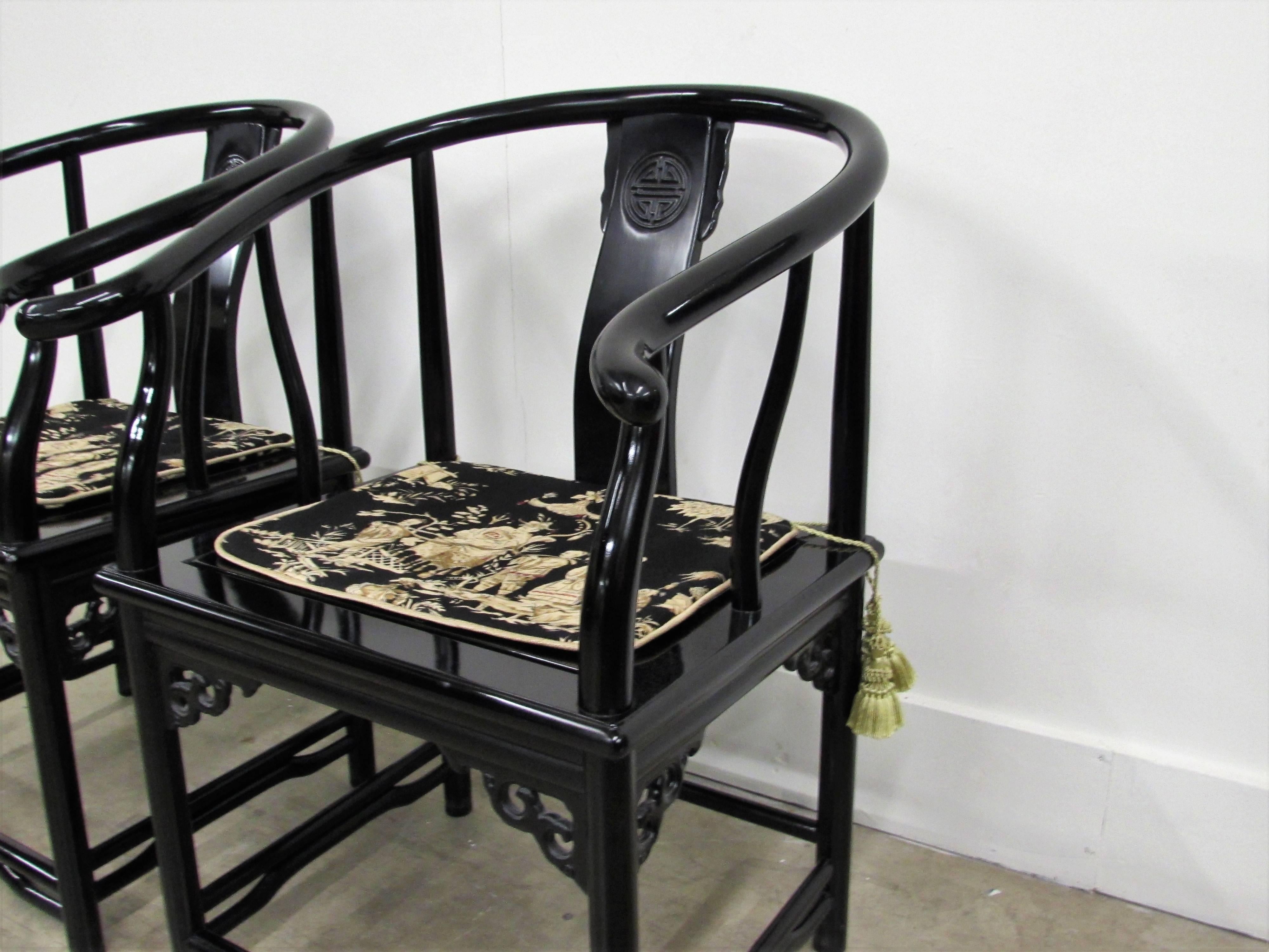 Elm Black Lacquer Asian Horseshoe Arm Chairs, Pair For Sale