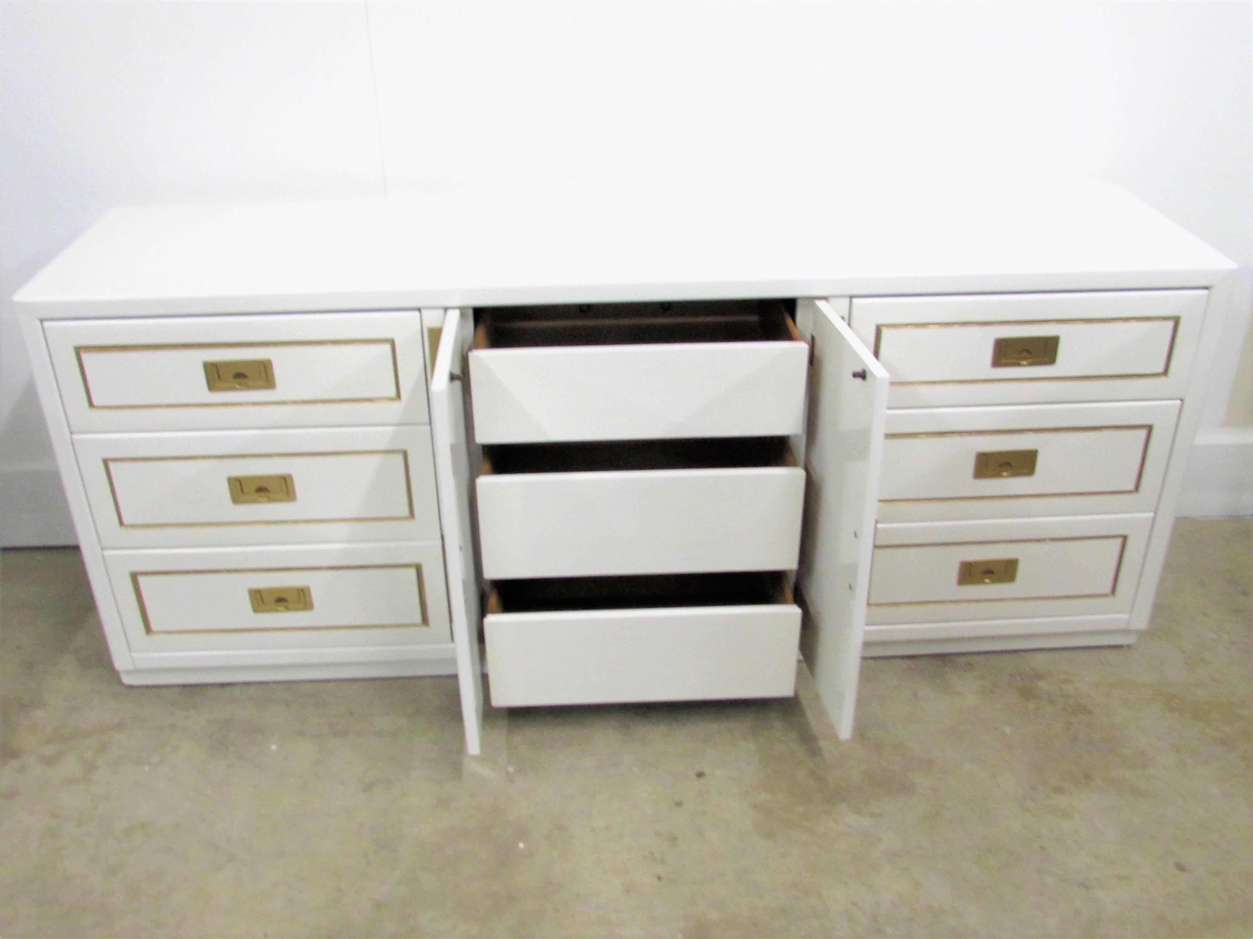 Nine-Drawer Lacquered Campaign Credenza In Excellent Condition In Raleigh, NC