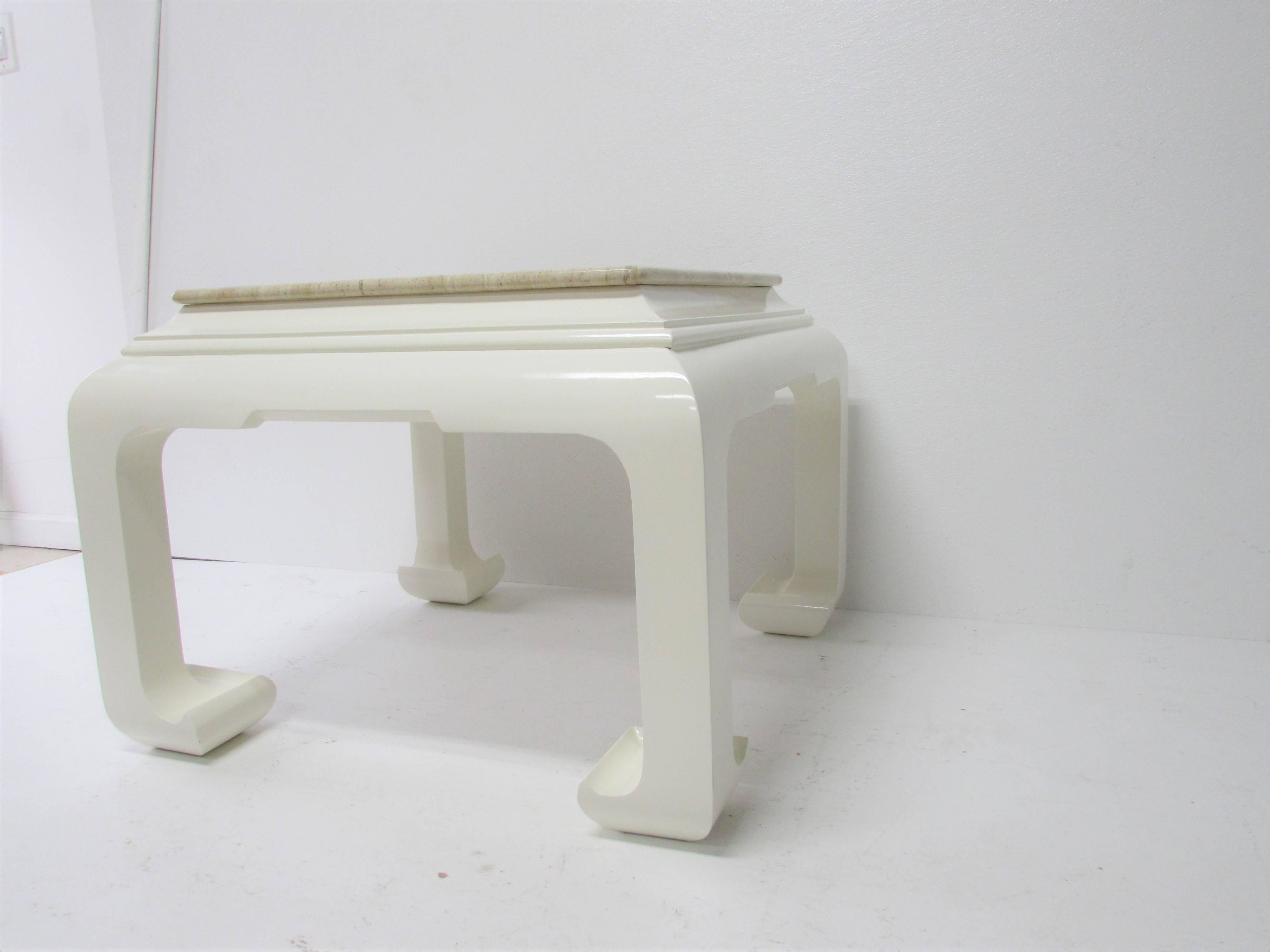 Ming Style Lacquered Side Table with Travertine Top For Sale 1