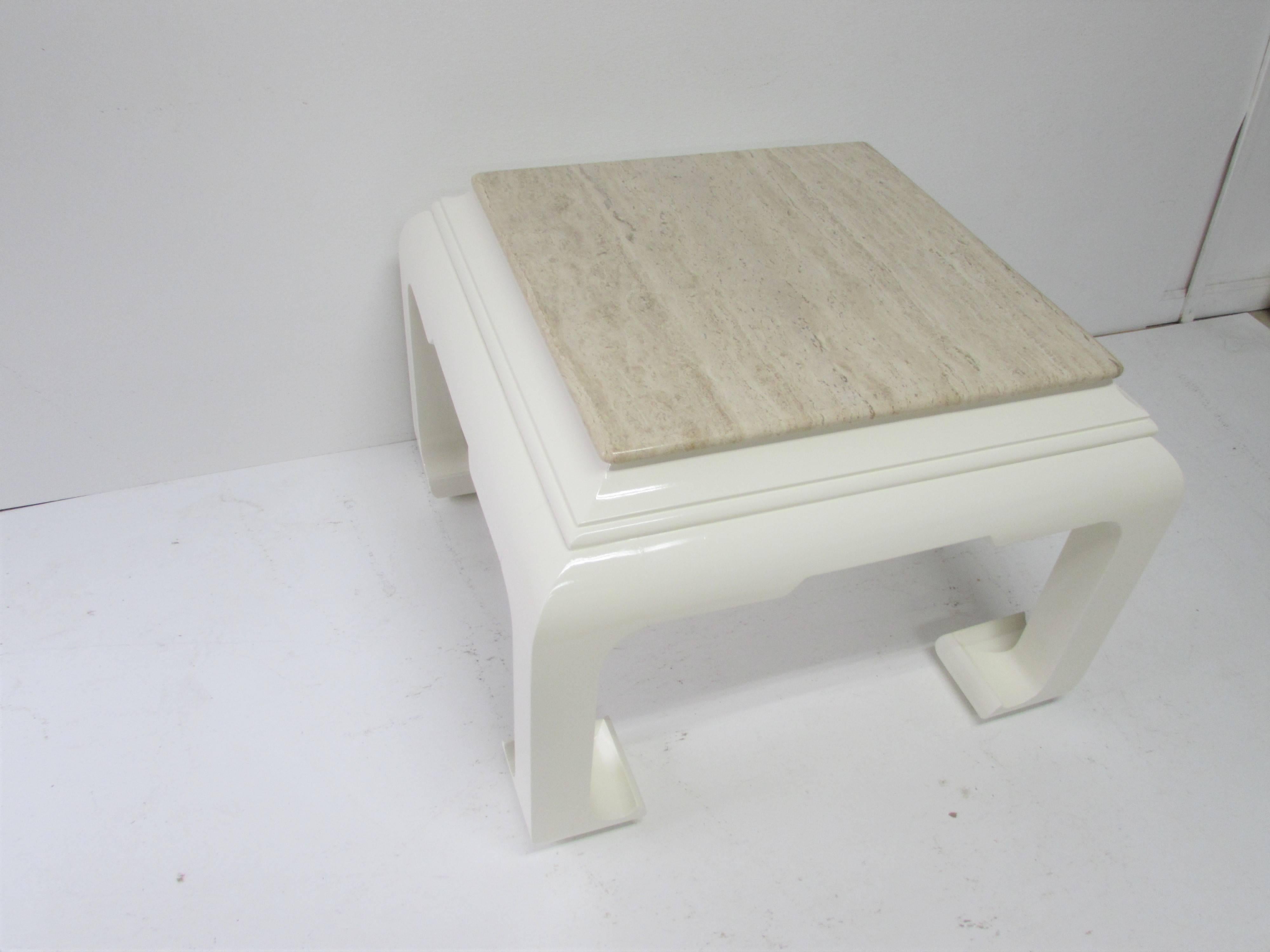 Ming Style Lacquered Side Table with Travertine Top For Sale 2