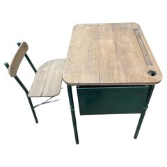 20th Century French Wood and Green Metal School Desk, 1930s