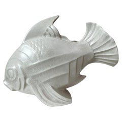 Art Deco White Crackle Glazed Earthenware Fish Sculpture, France, 1930s
