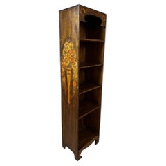 French Pyrographed Oak Bookcase with Floral Decoration, 1925s
