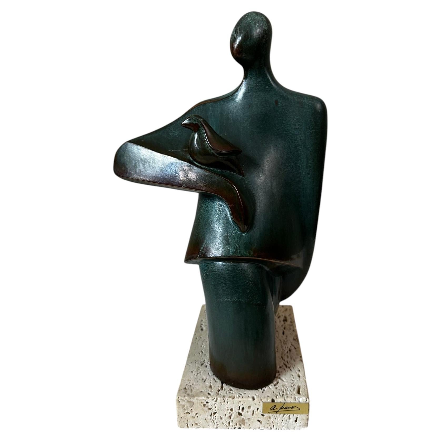 Signed Contemporary Bronze Sculpture by Cristina Puell with Bird on Stone Base