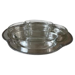 Versilbertes Serviertablett aus dem frühen 20. Jahrhundert mit fünf Glasschalen