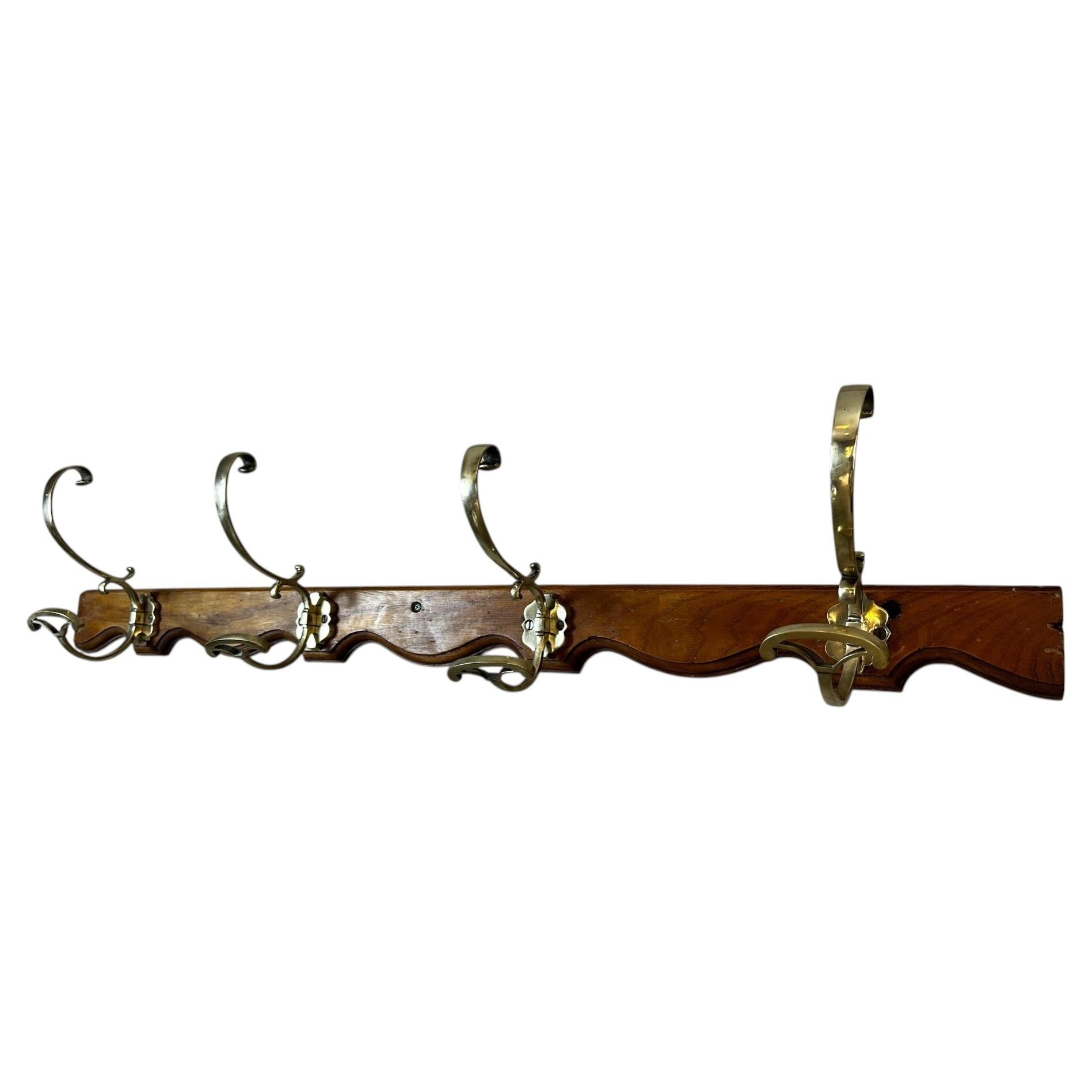 Antique Wood and Brass Wall-Mounted Coat Rack, circa 1900