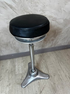 Early 20th century Industrial Workshop Stool in Metal and Black Leather