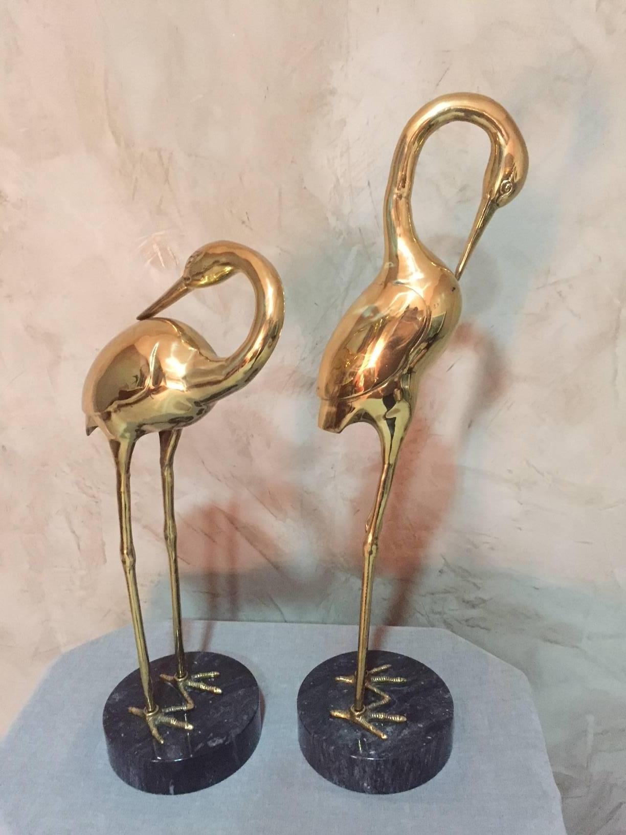 Mid-20th Century French Brass Heron Couple on a Marble Base In Excellent Condition In LEGNY, FR