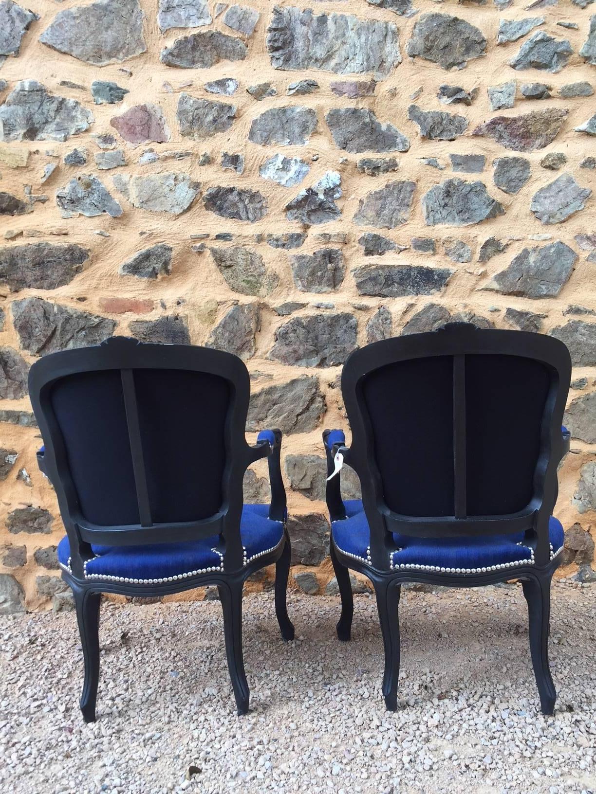 French Pair of Blue Fabric and Black Wood Louis XV Style Cabriolet Chairs, 1940s