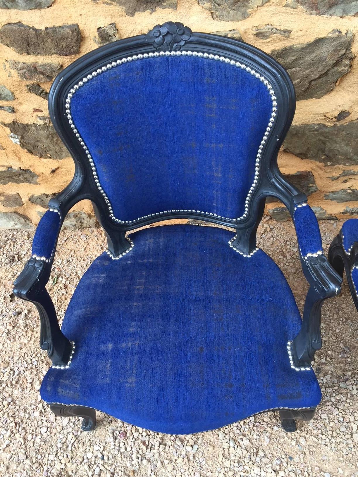 Pair of Blue Fabric and Black Wood Louis XV Style Cabriolet Chairs, 1940s In Good Condition In LEGNY, FR