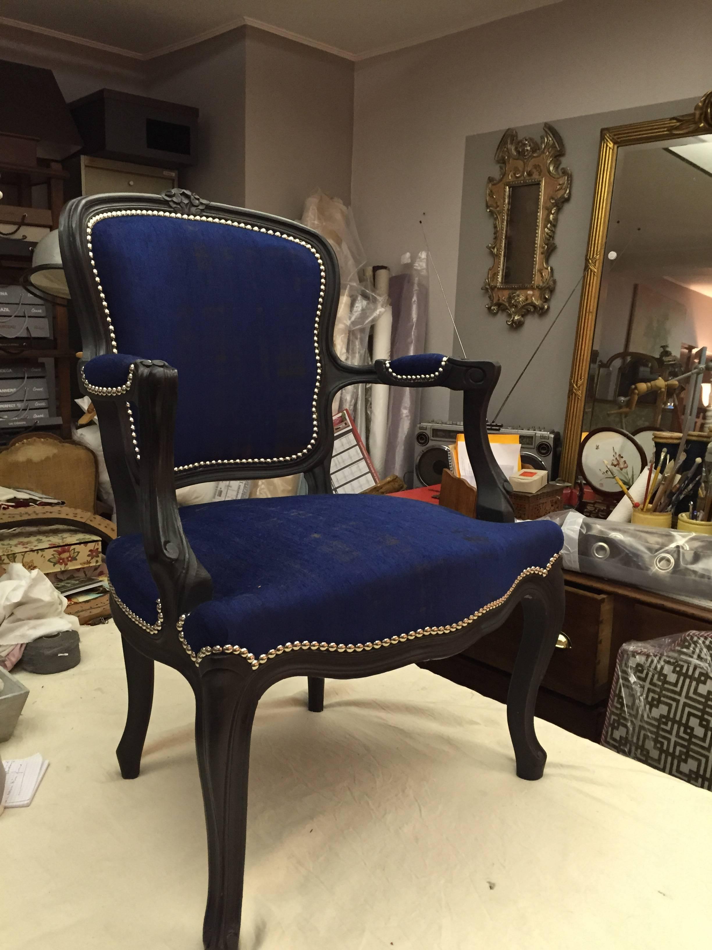 Pair of Blue Fabric and Black Wood Louis XV Style Cabriolet Chairs, 1940s 1