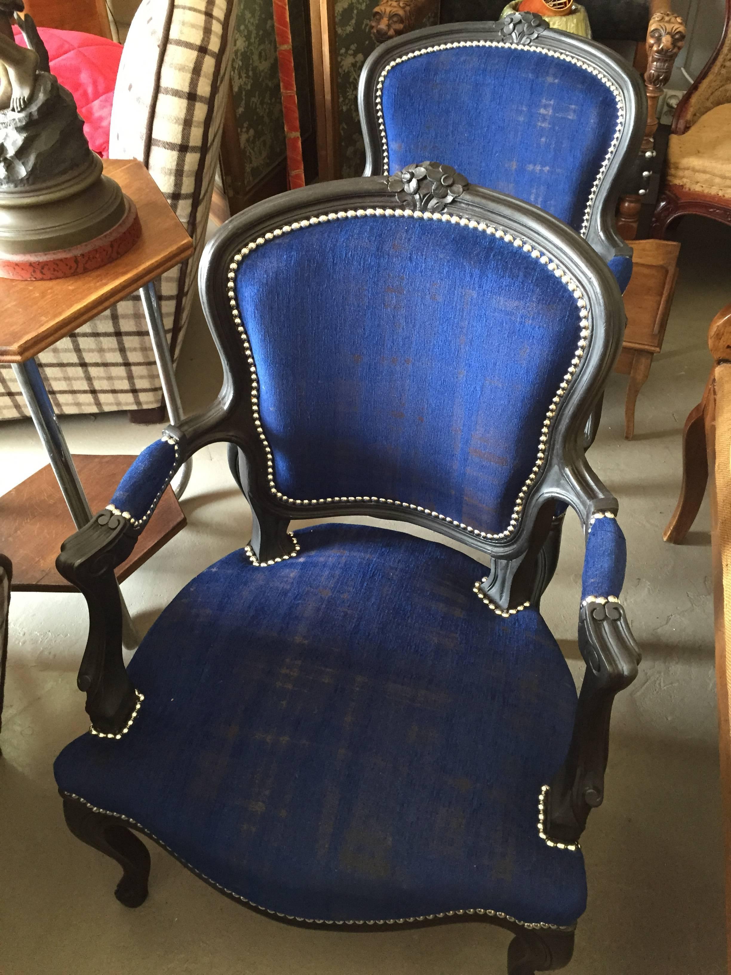 Pair of Blue Fabric and Black Wood Louis XV Style Cabriolet Chairs, 1940s 3