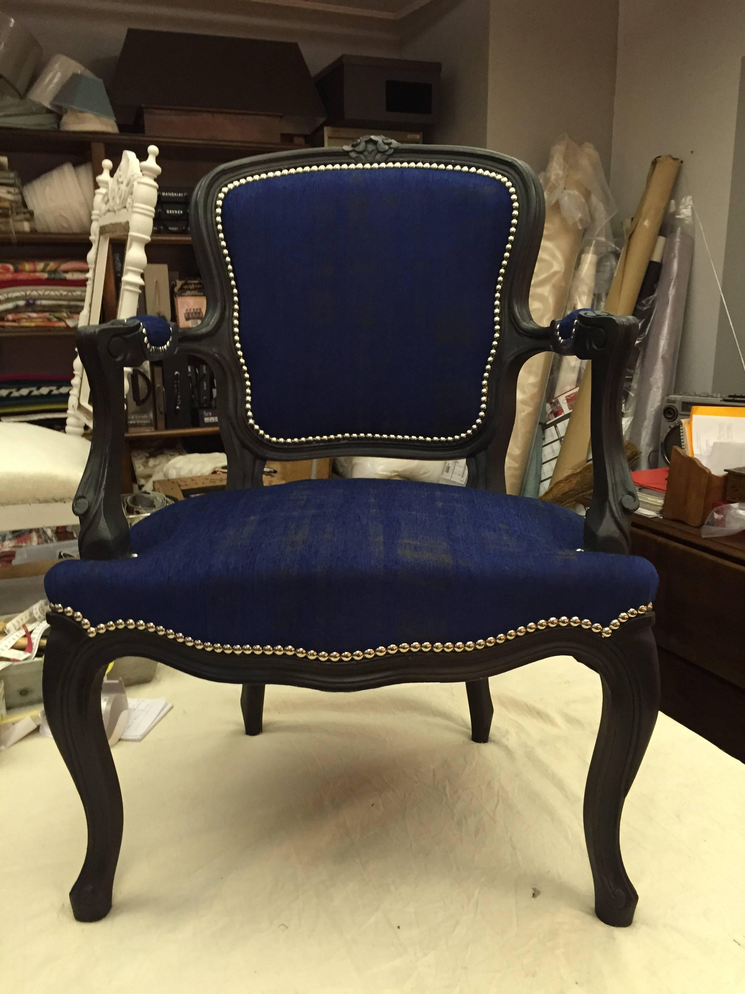 Pair of Blue Fabric and Black Wood Louis XV Style Cabriolet Chairs, 1940s 4