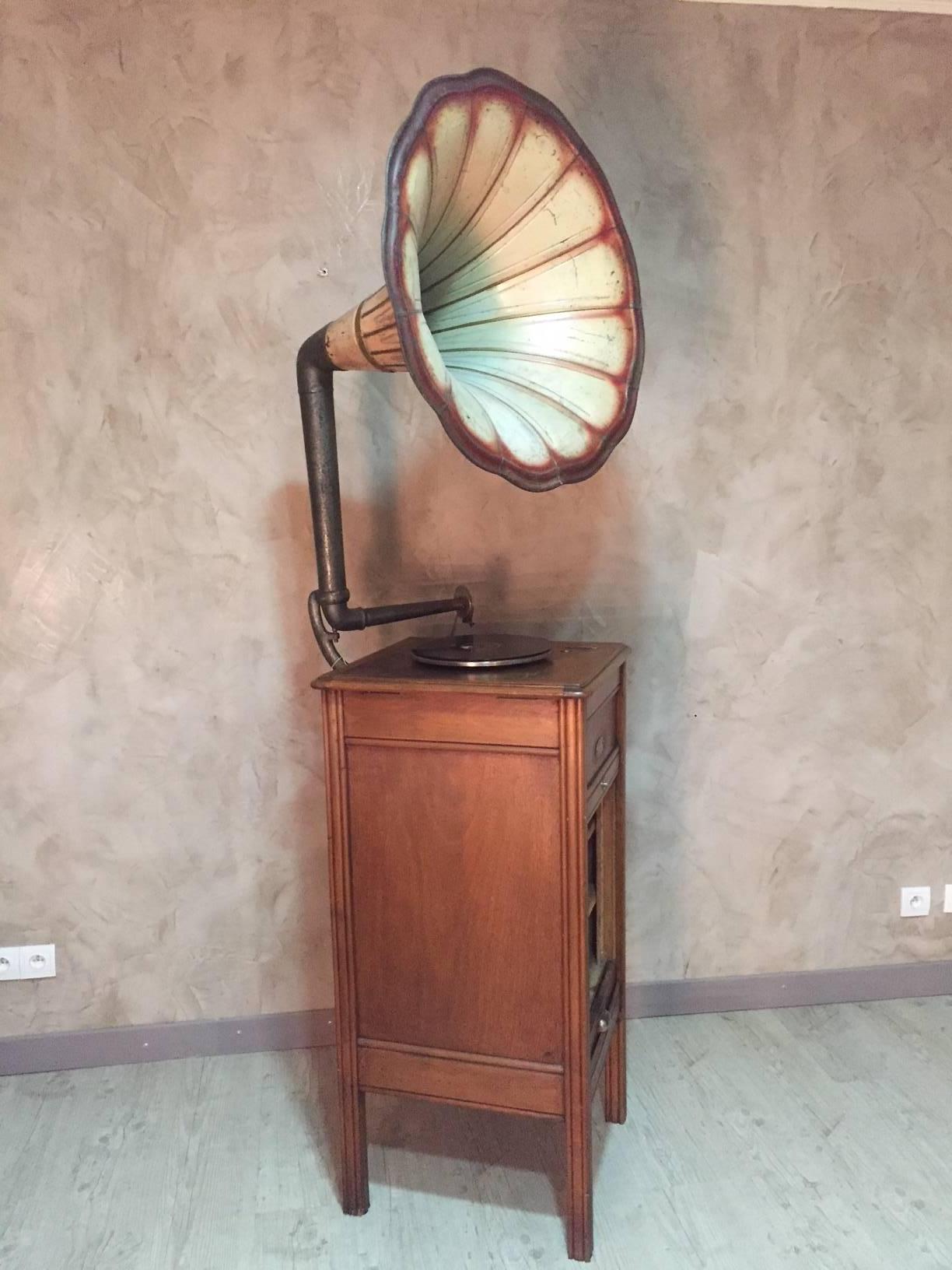 French Walnut Working Gramophone with Original Painting Pavilion, 1920s 3