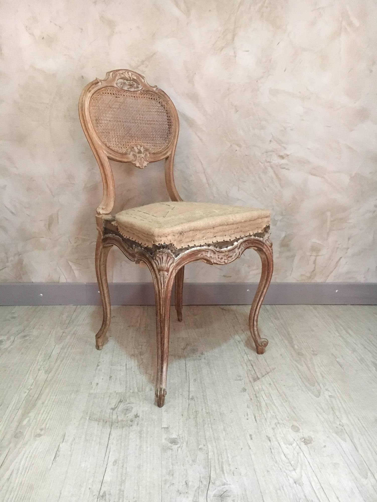 Louis XV style Cane chair entirely restored in the traditional way. The chair is cane on the back and the seating has been totally restored with horsehairs.
We decided to not put a fabric, because we wanted to let the customer choose his own fabric