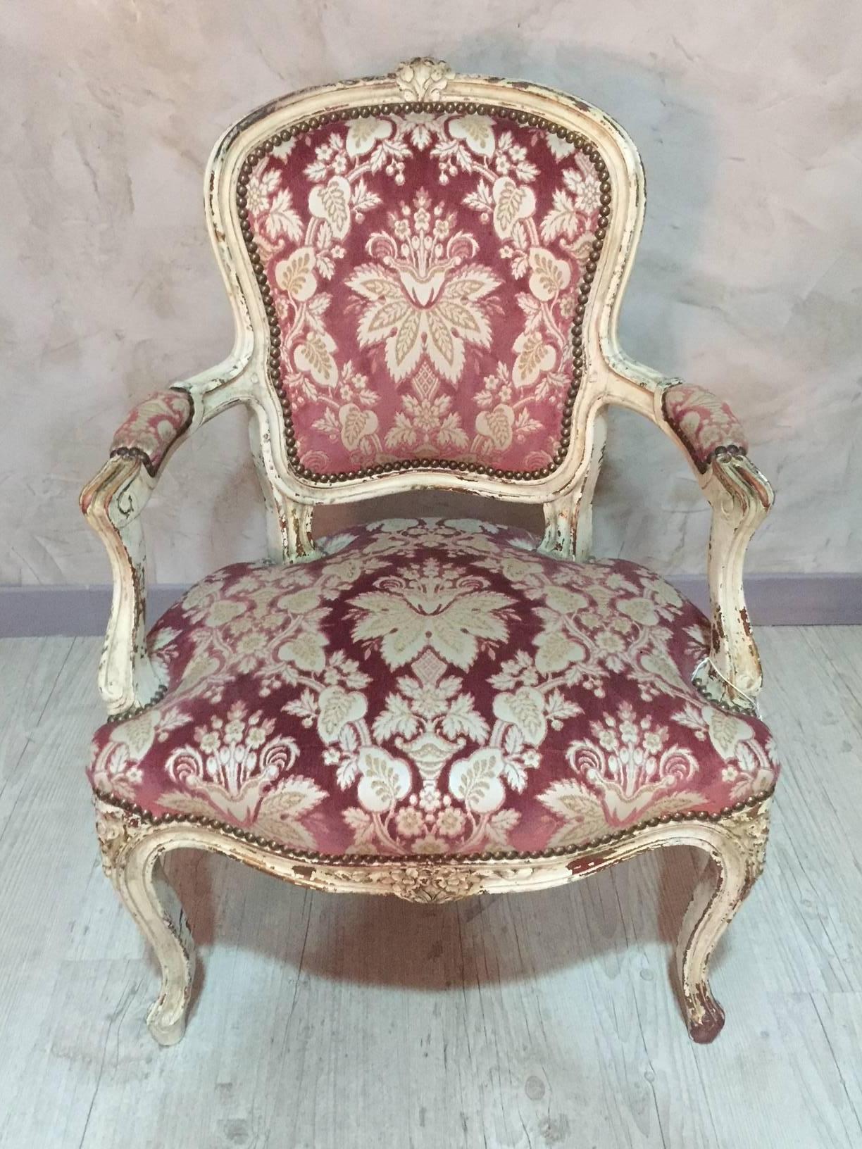 French Early 19th Century Velor Fabric Louis XV Armchair with Original Patina