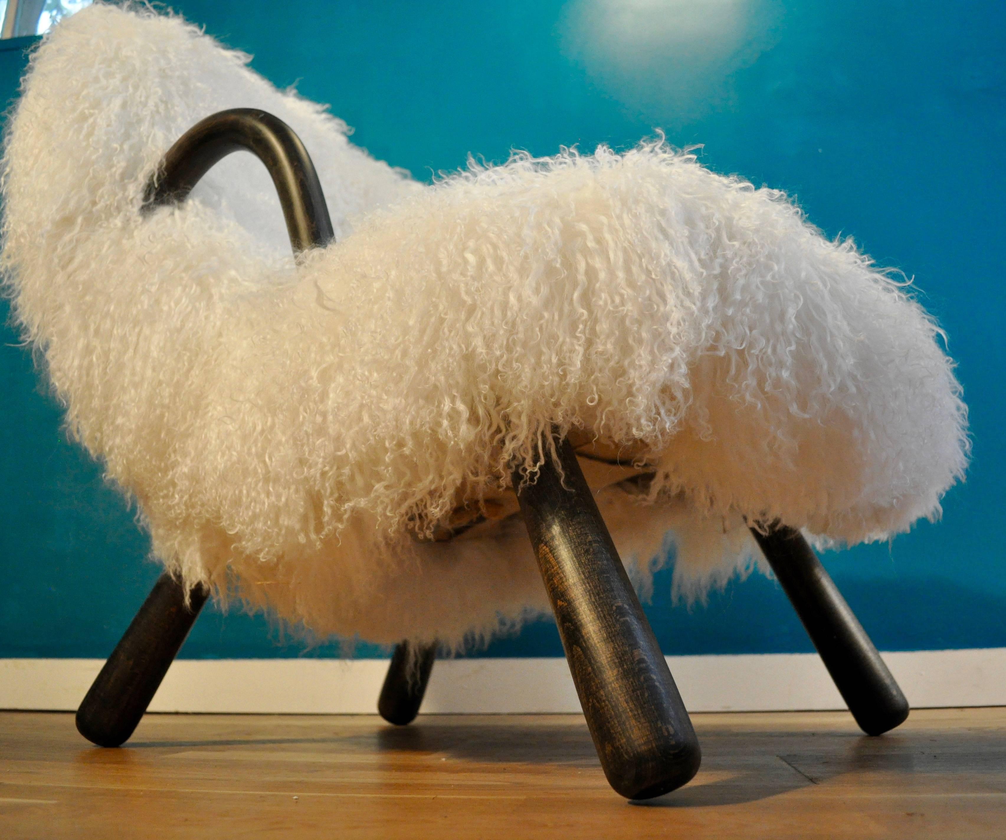 Scandinavian Modern Iconic Clam Chair by Phillip Arctander Long White Hair Sheepskin and Wood, 1940