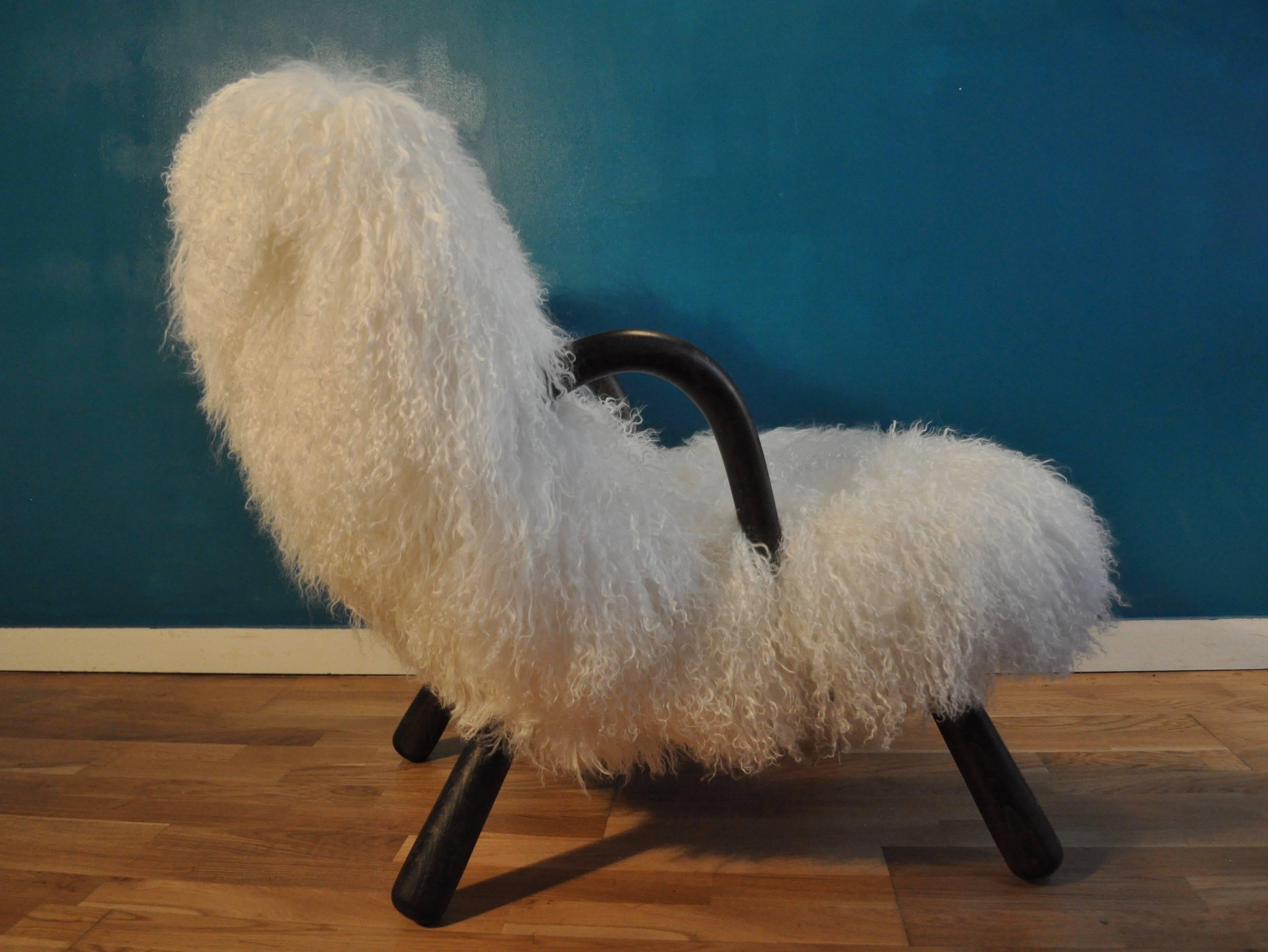 Danish Iconic Clam Chair by Phillip Arctander Long White Hair Sheepskin and Wood, 1940