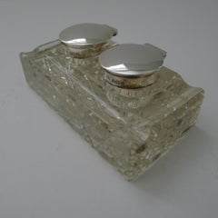 Antikes englisches geschliffenes Glas und Doppel-Tintenfass aus Sterlingsilber