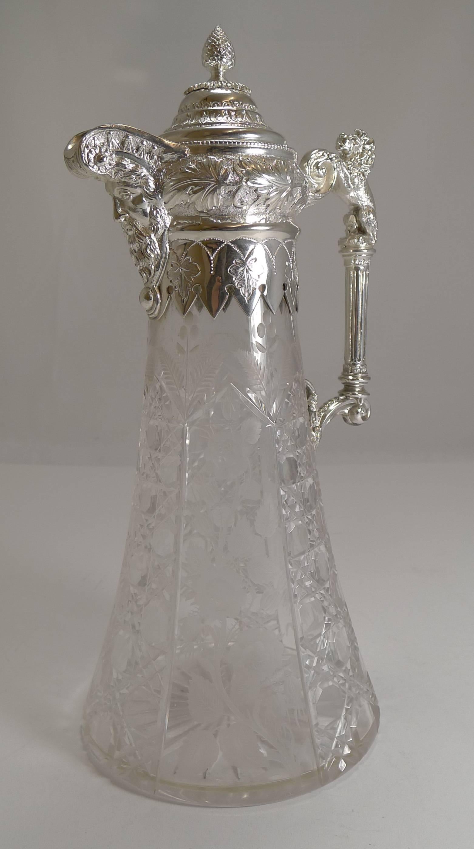 Late Victorian Antique English Crystal and Silver Plate Claret Jug, circa 1880