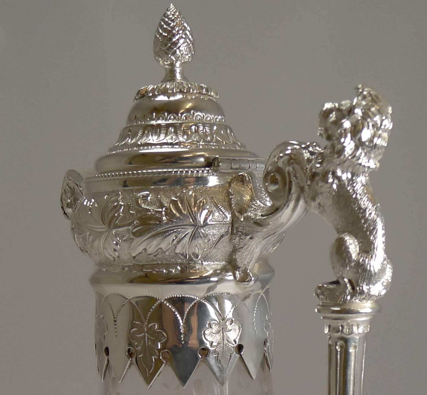 British Antique English Crystal and Silver Plate Claret Jug, circa 1880