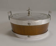 Antique English Oak and Silver Plate Butter Dish, circa 1890