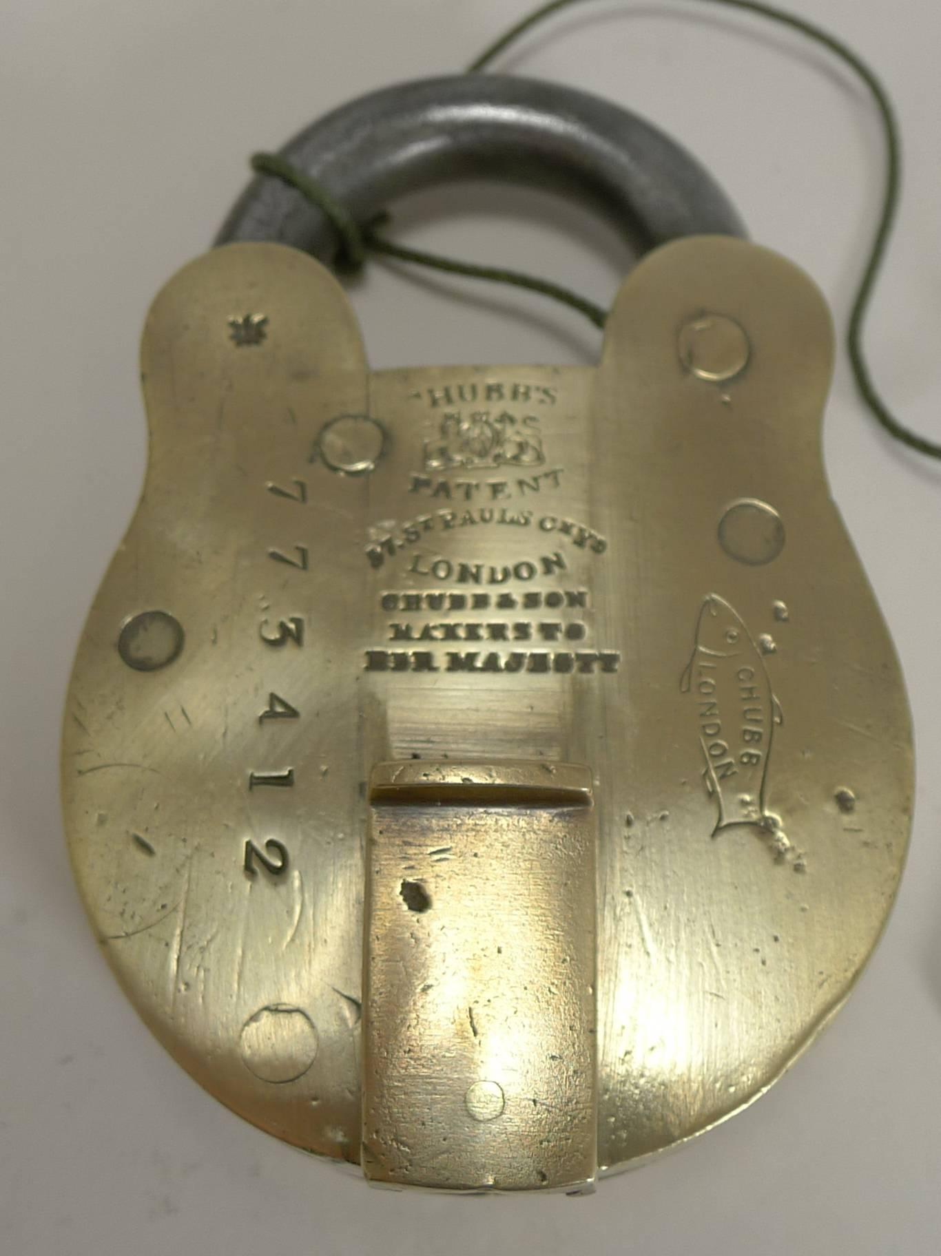 A handsome large Victorian brass and steel padlock by the famous Chubb & Son of London.

In 1823, the Chubb company was awarded a special license to supply King George IV and the royal household. They later became the sole supplier of locks to the