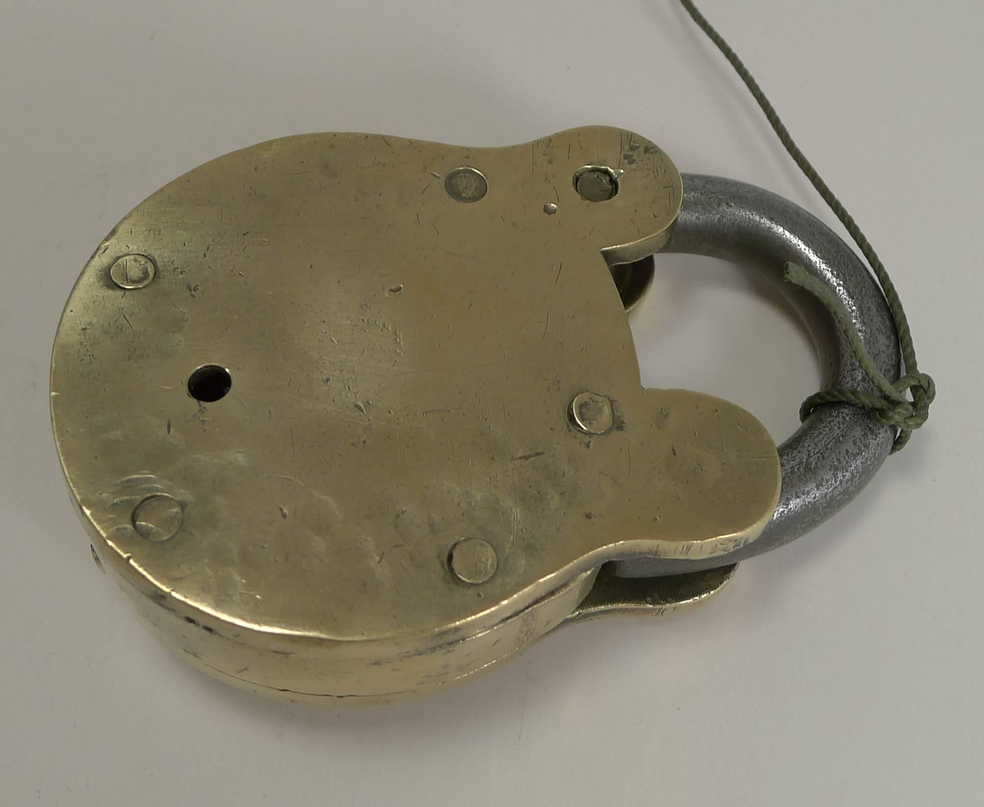Early Victorian Large Antique English Brass and Steel Padlock by Chubb, London, circa 1850