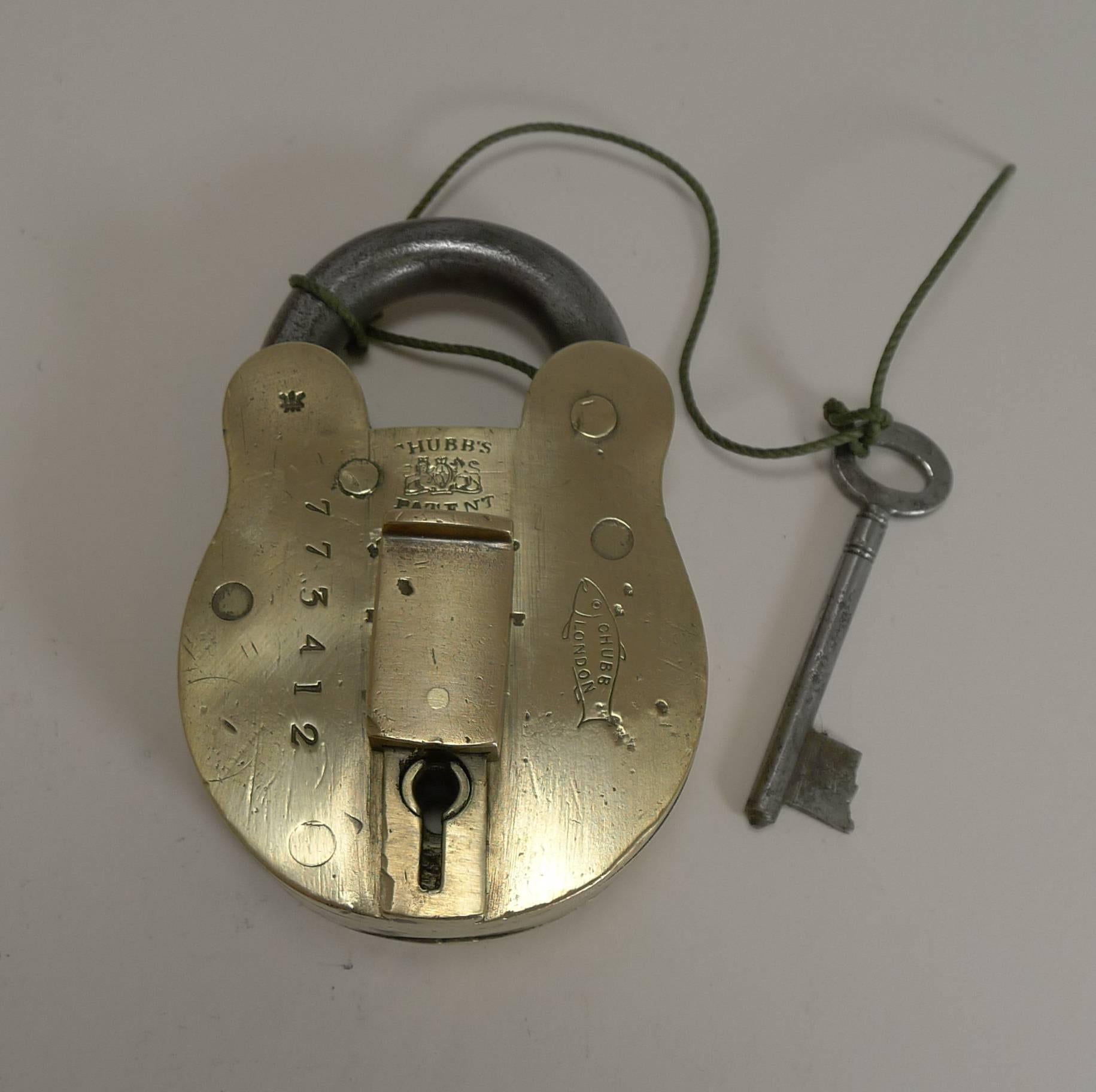 Mid-19th Century Large Antique English Brass and Steel Padlock by Chubb, London, circa 1850