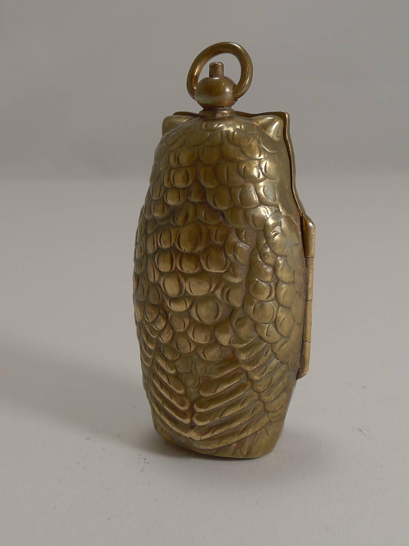 British Antique English Figural Sovereign Case, Owl with Glass Eyes