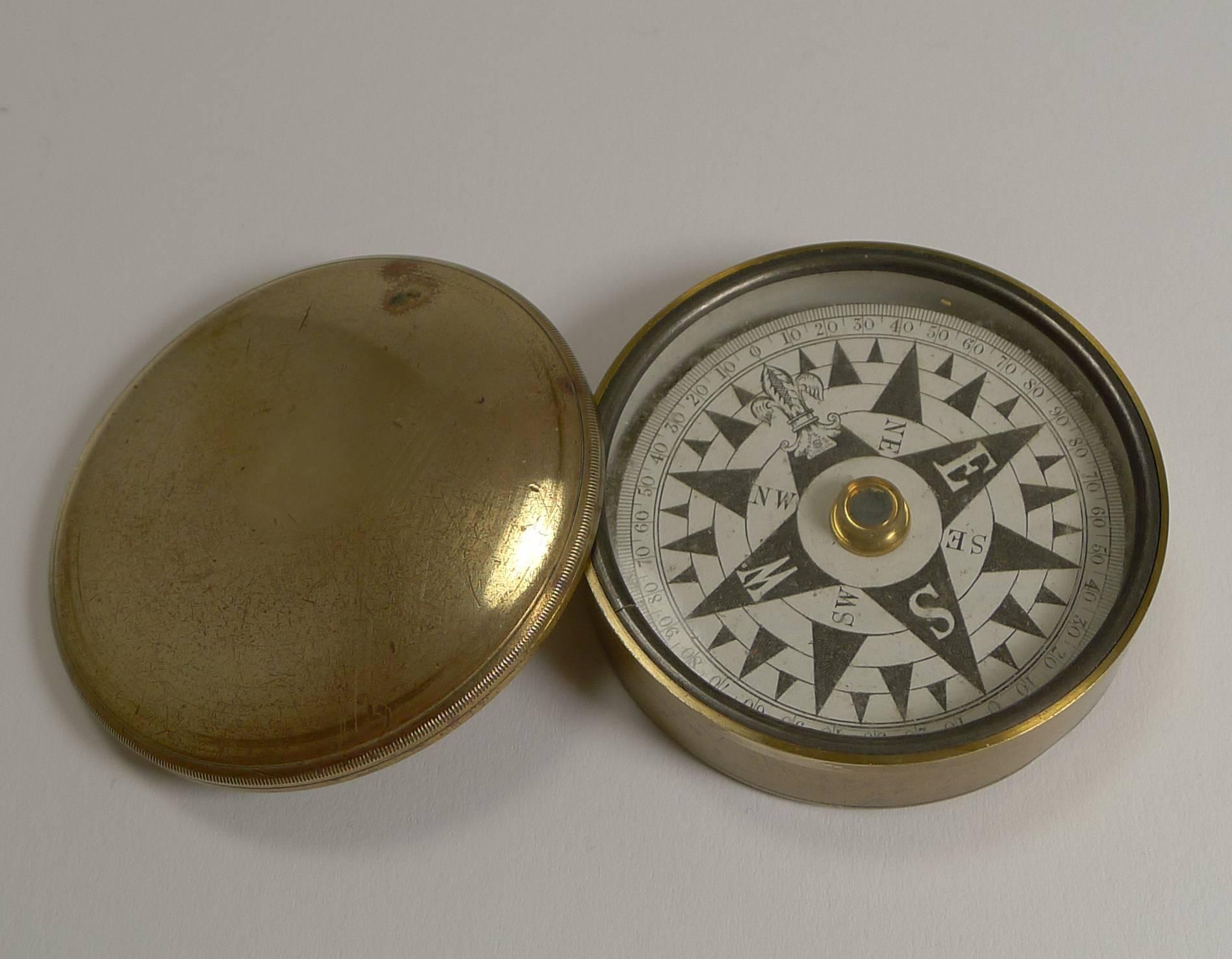 19th Century Antique English Brass Cased Floating Card Explorers Pocket Compass, circa 1880