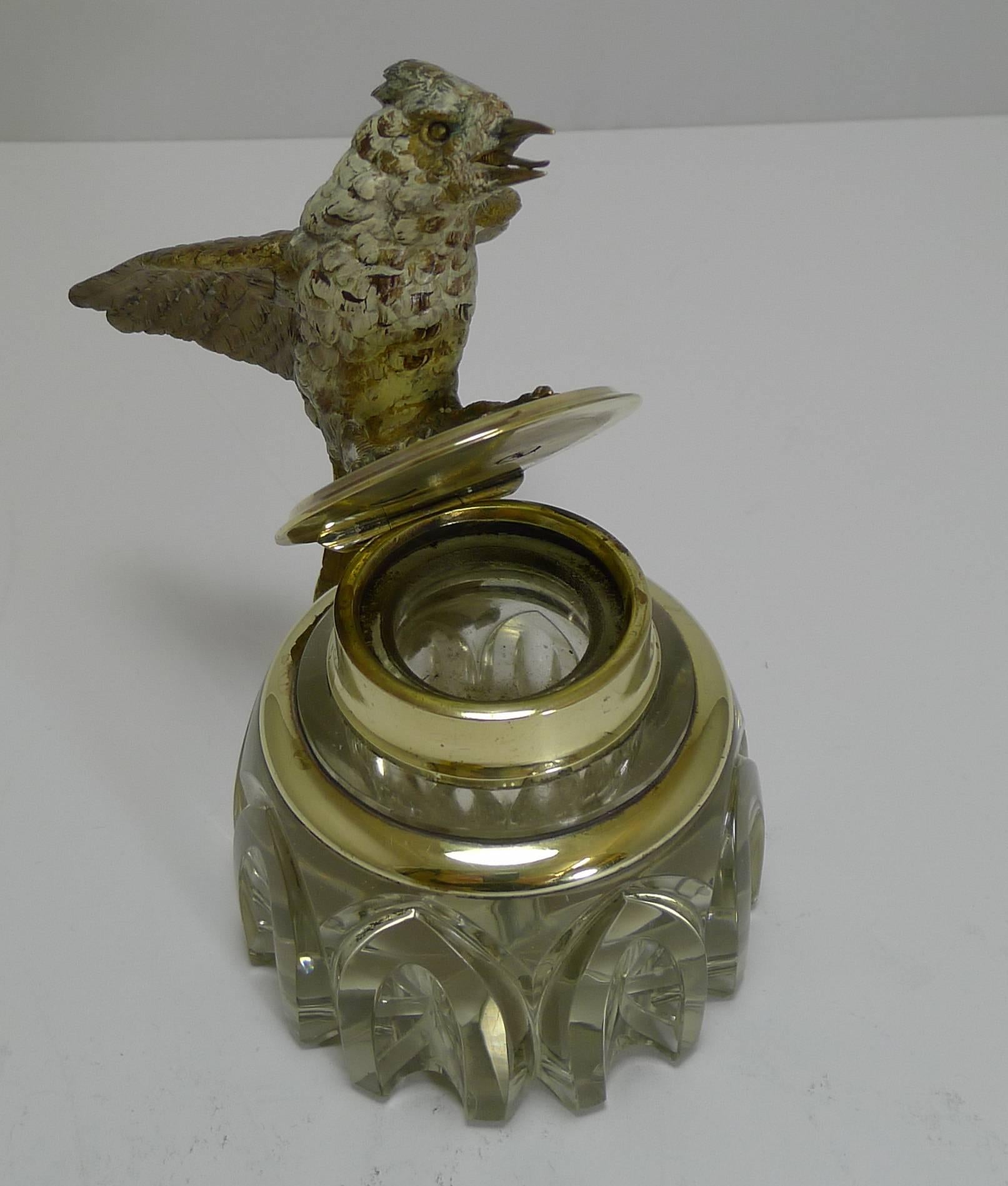 Late Victorian Antique Inkwell, Cold Painted Bronze Bird, circa 1890
