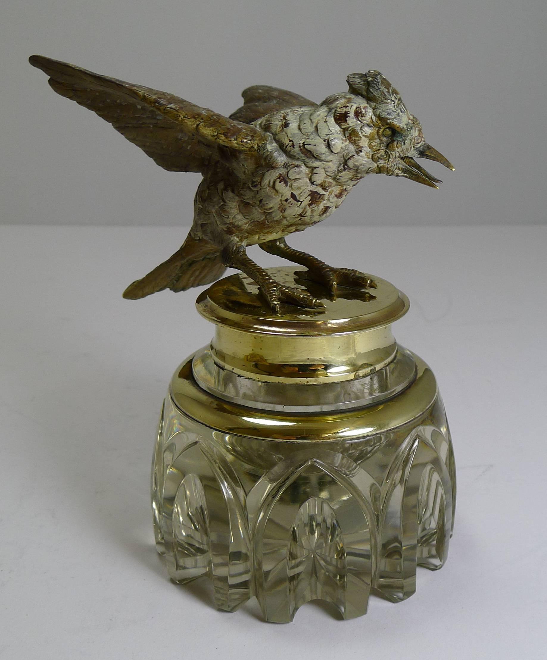 Cold-Painted Antique Inkwell, Cold Painted Bronze Bird, circa 1890