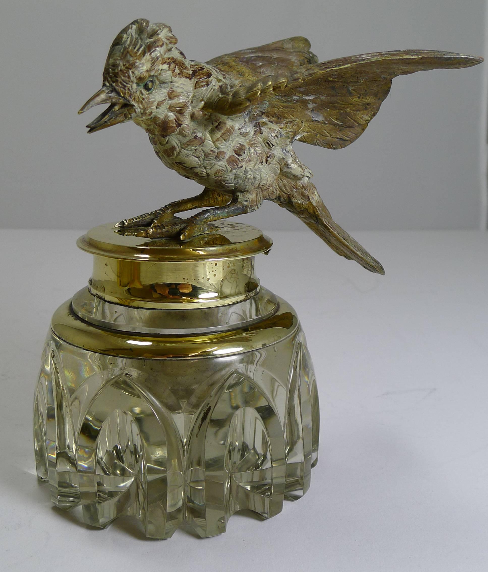 Antique Inkwell, Cold Painted Bronze Bird, circa 1890 In Excellent Condition In Bath, GB