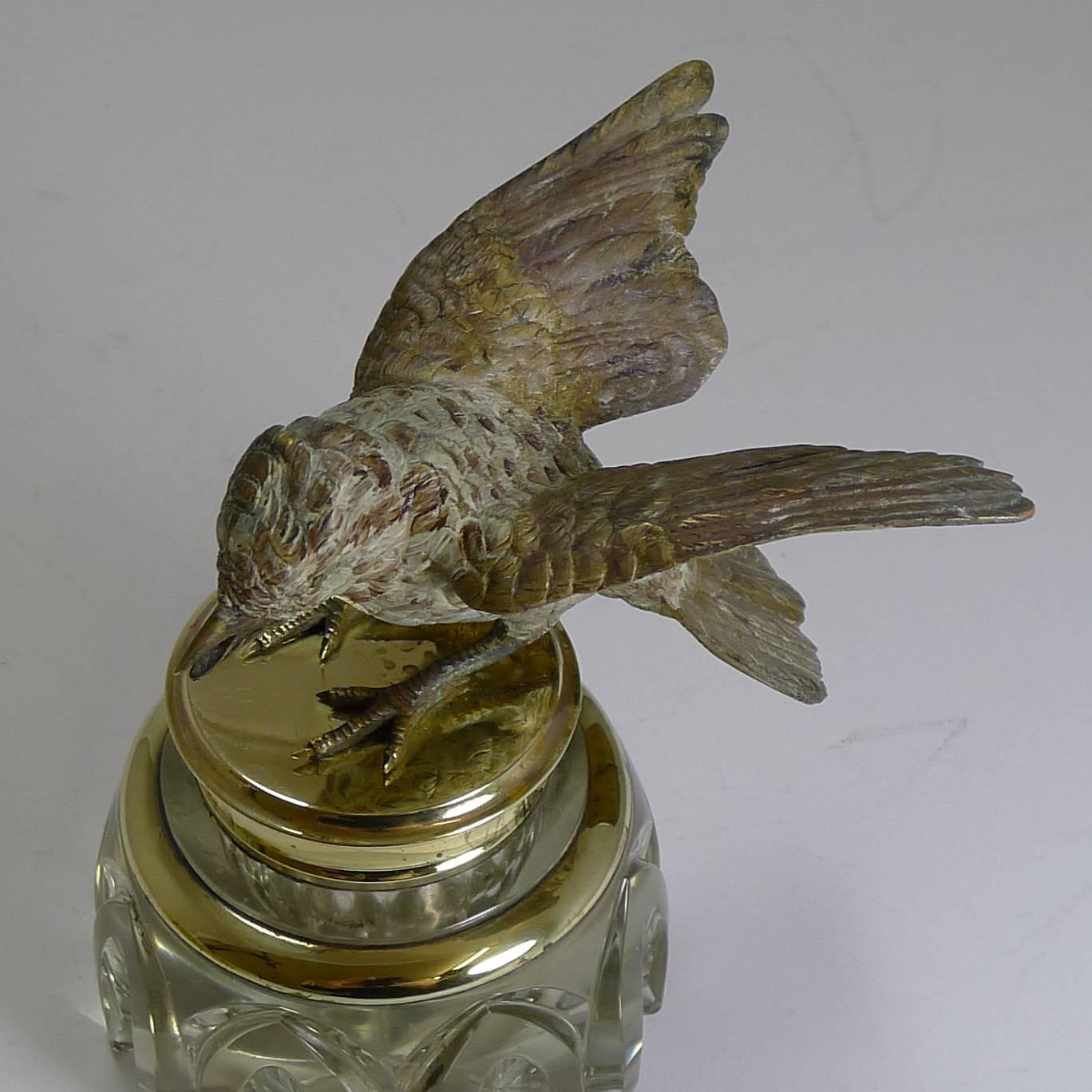 19th Century Antique Inkwell, Cold Painted Bronze Bird, circa 1890