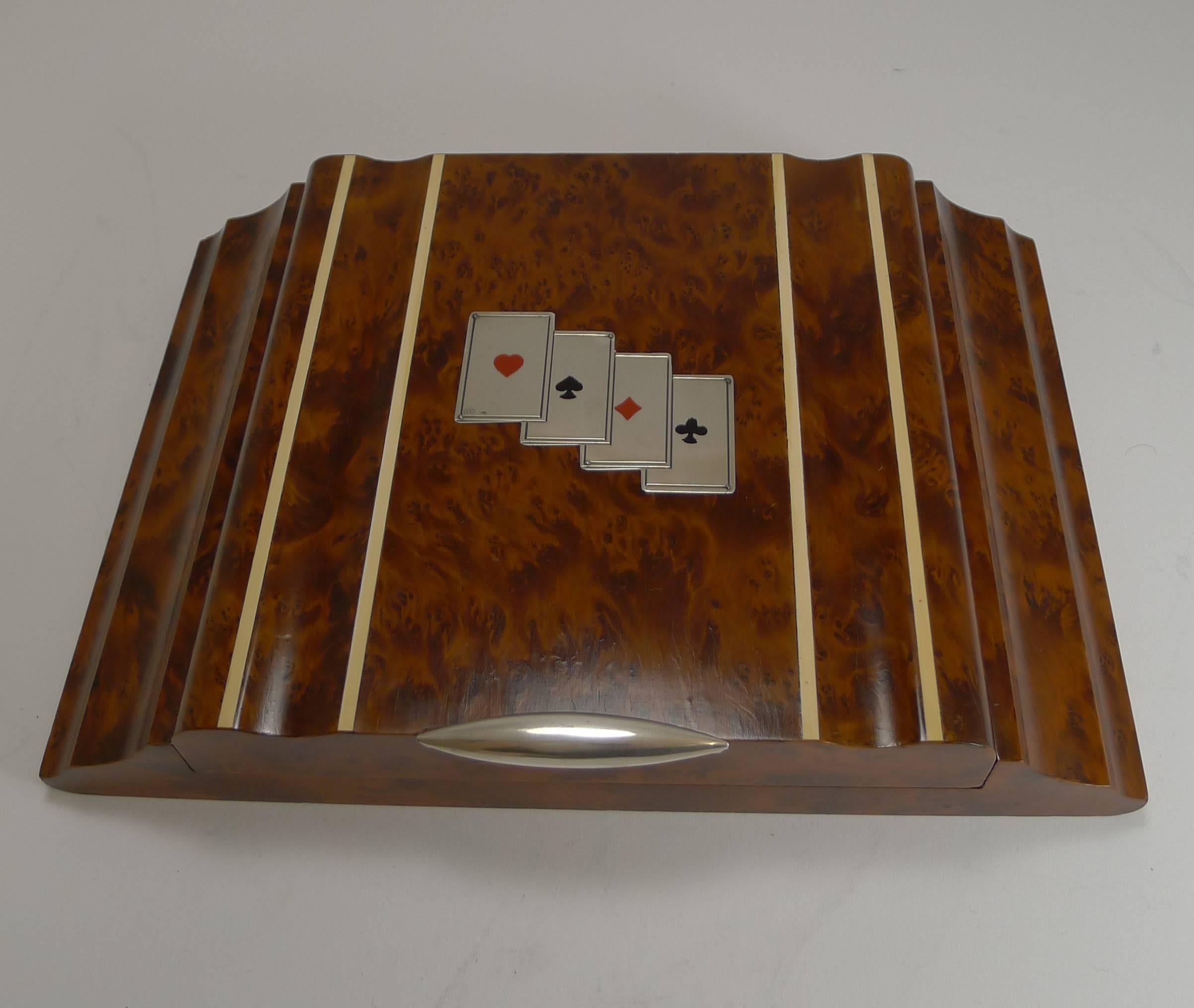 Italian Art Deco Amboyna & Silver Playing Card / Games Box c.1935 In Excellent Condition In Bath, GB