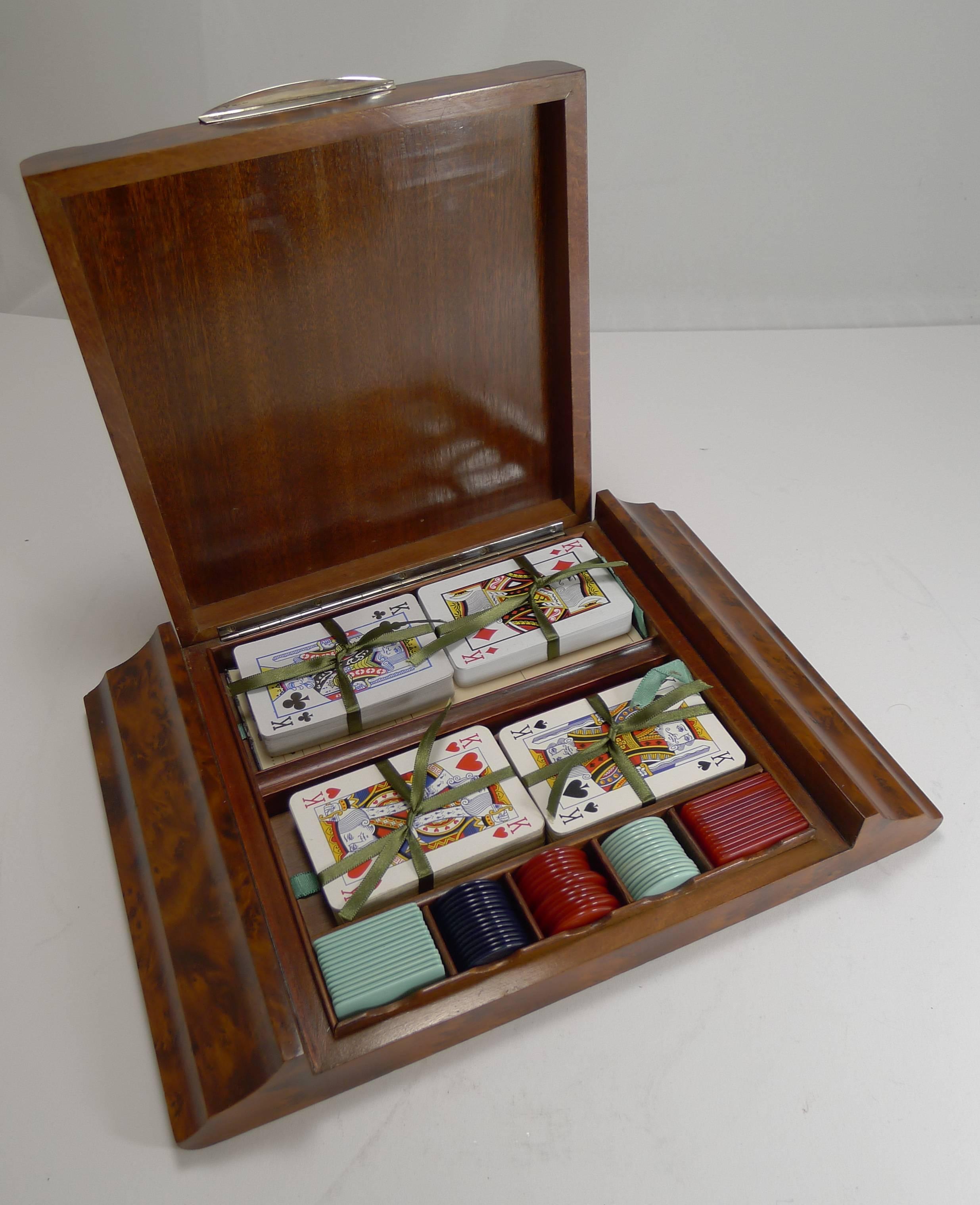 Italian Art Deco Amboyna & Silver Playing Card / Games Box c.1935 3