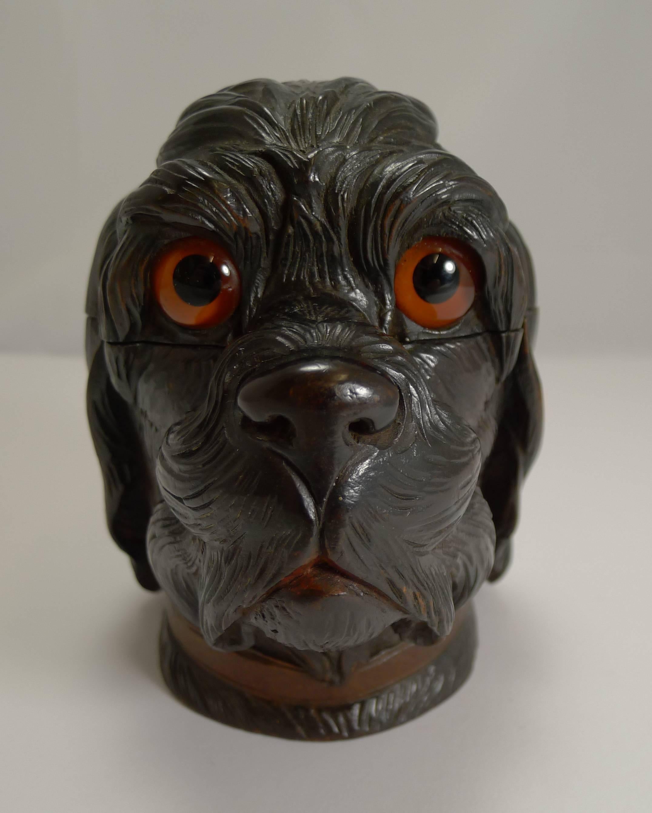 Un encrier figuratif superbement sculpté en Forêt Noire en forme de tête de chien, avec beaucoup de détails et conservant deux grands yeux en verre.

Le couvercle à charnière s'ouvre pour révéler une chambre à encre intérieure, ouverte à l'aide du