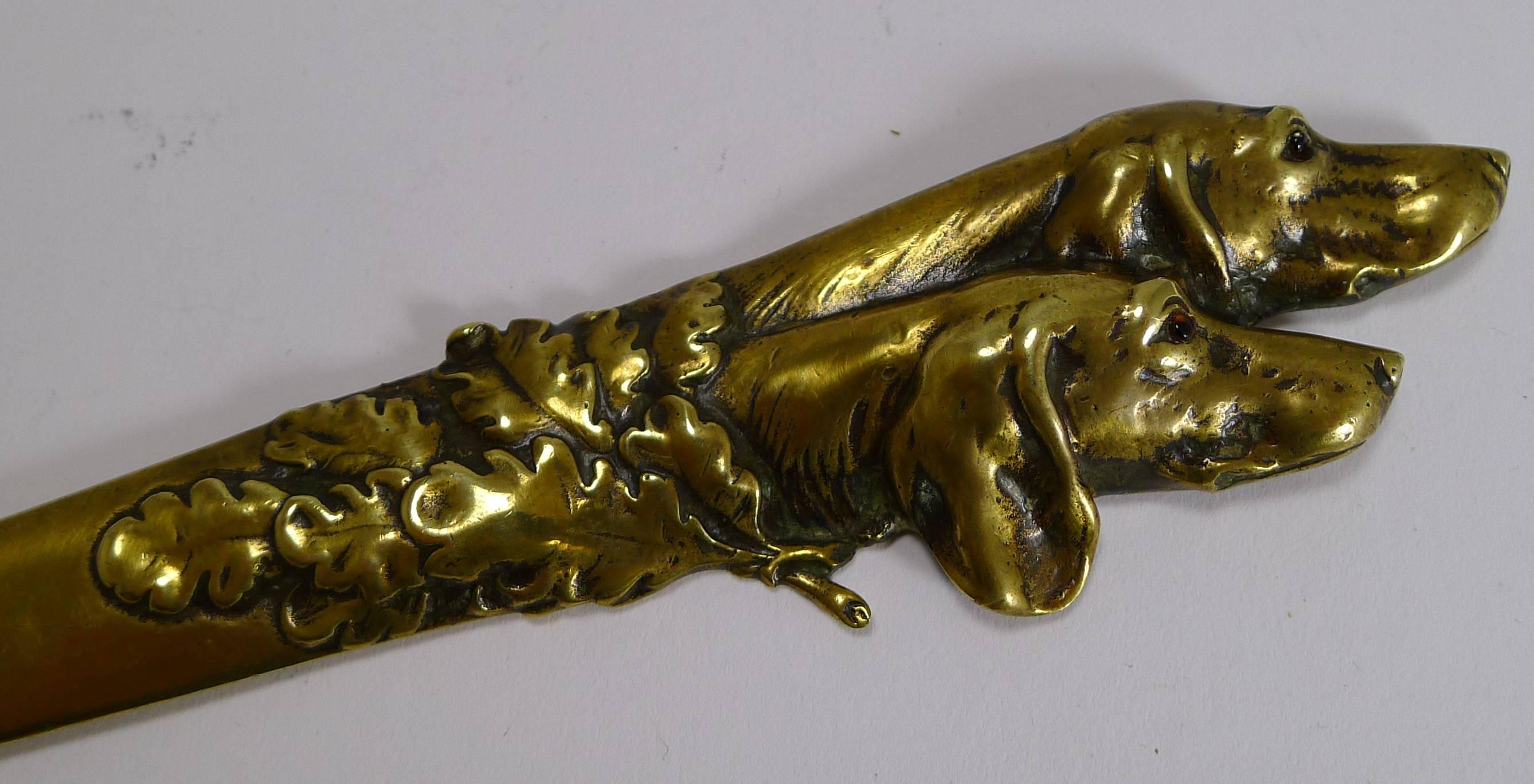 Early 20th Century Antique English Novelty Letter Opener, Dogs with Glass Eyes