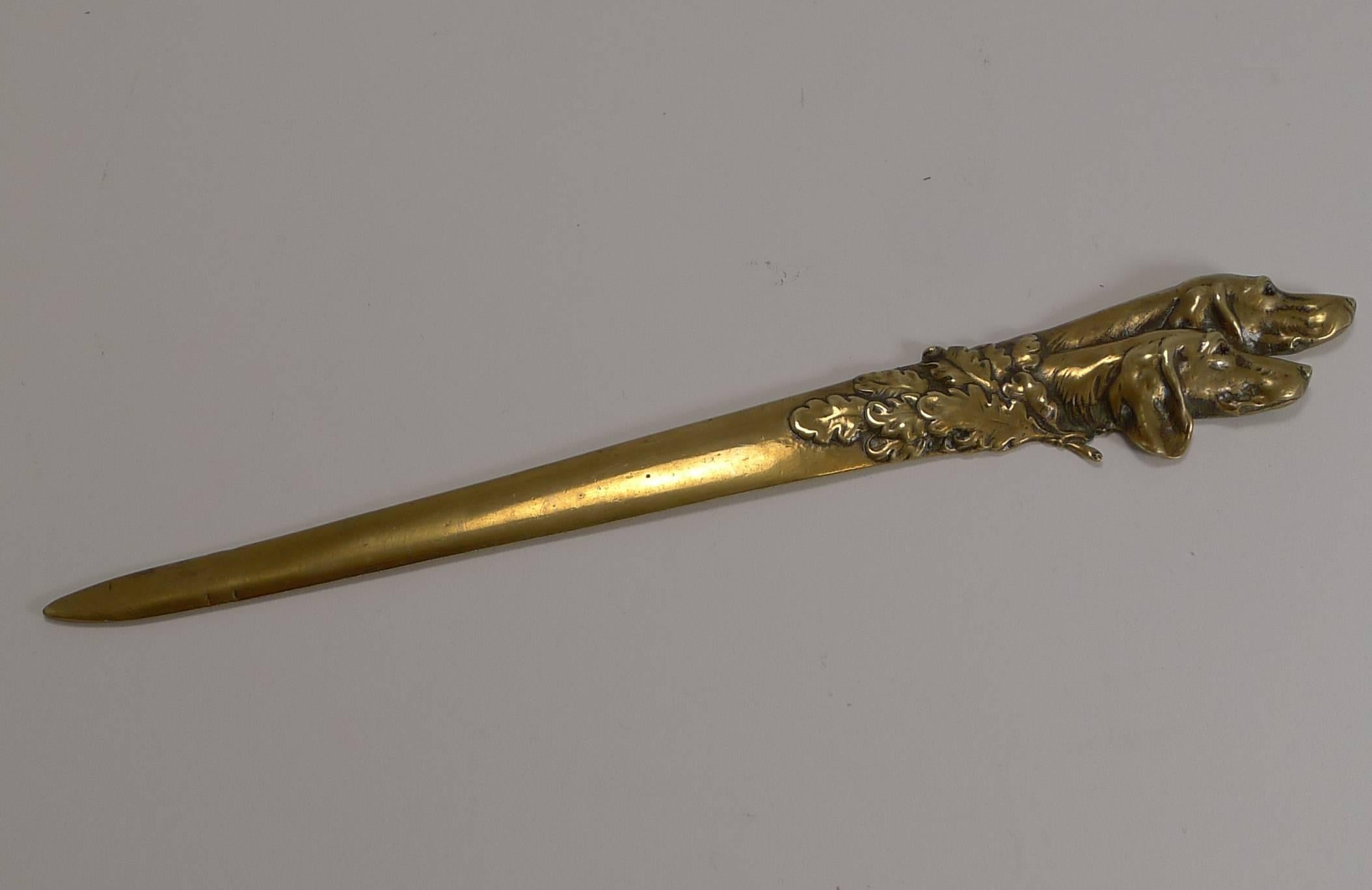 Brass Antique English Novelty Letter Opener, Dogs with Glass Eyes
